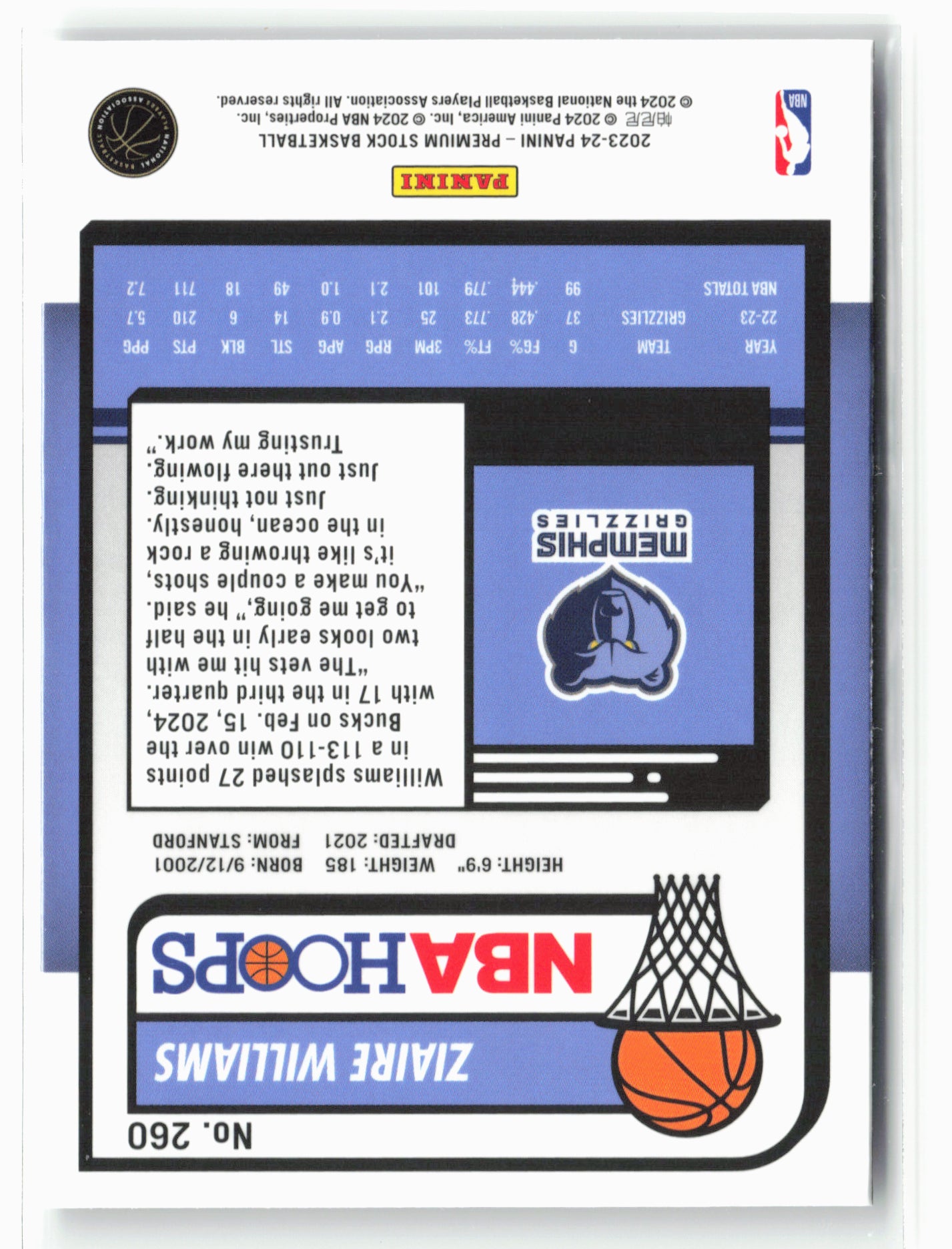 2023-24 Panini Premium Stock #260 Ziaire Williams NM