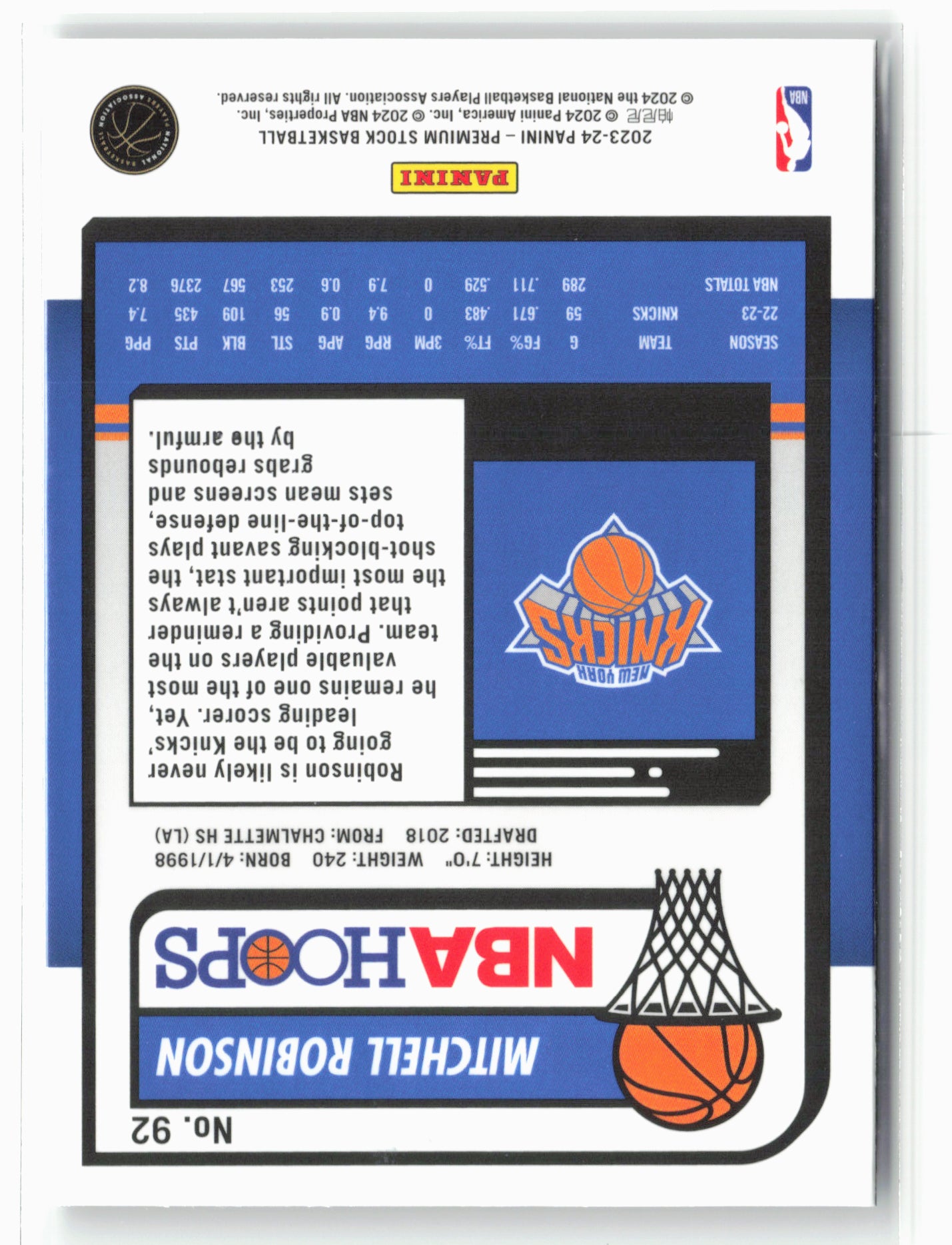 2023-24 Panini Premium Stock #92 Mitchell Robinson NM