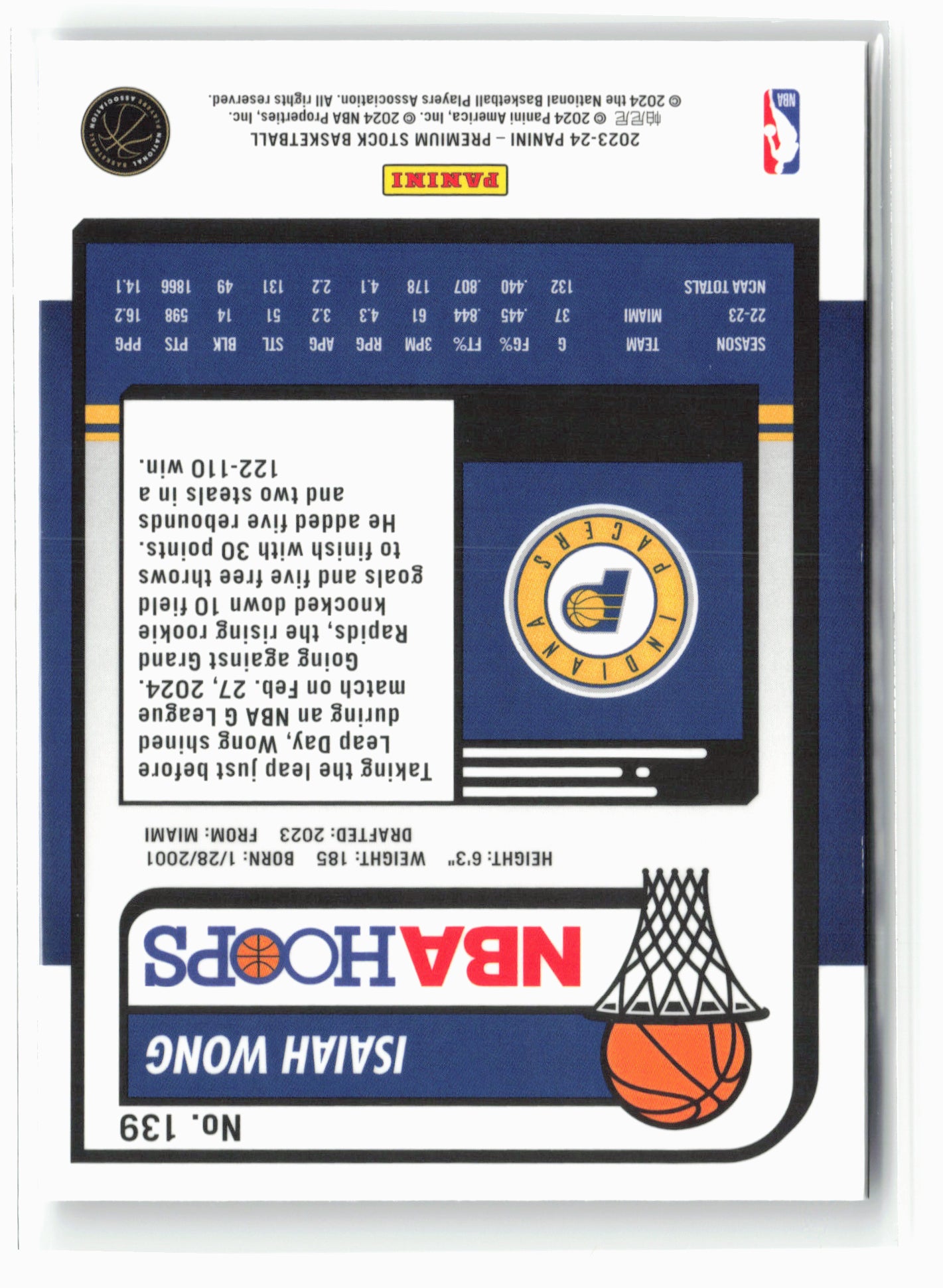 2023-24 Panini Premium Stock #139 Isaiah Wong NM