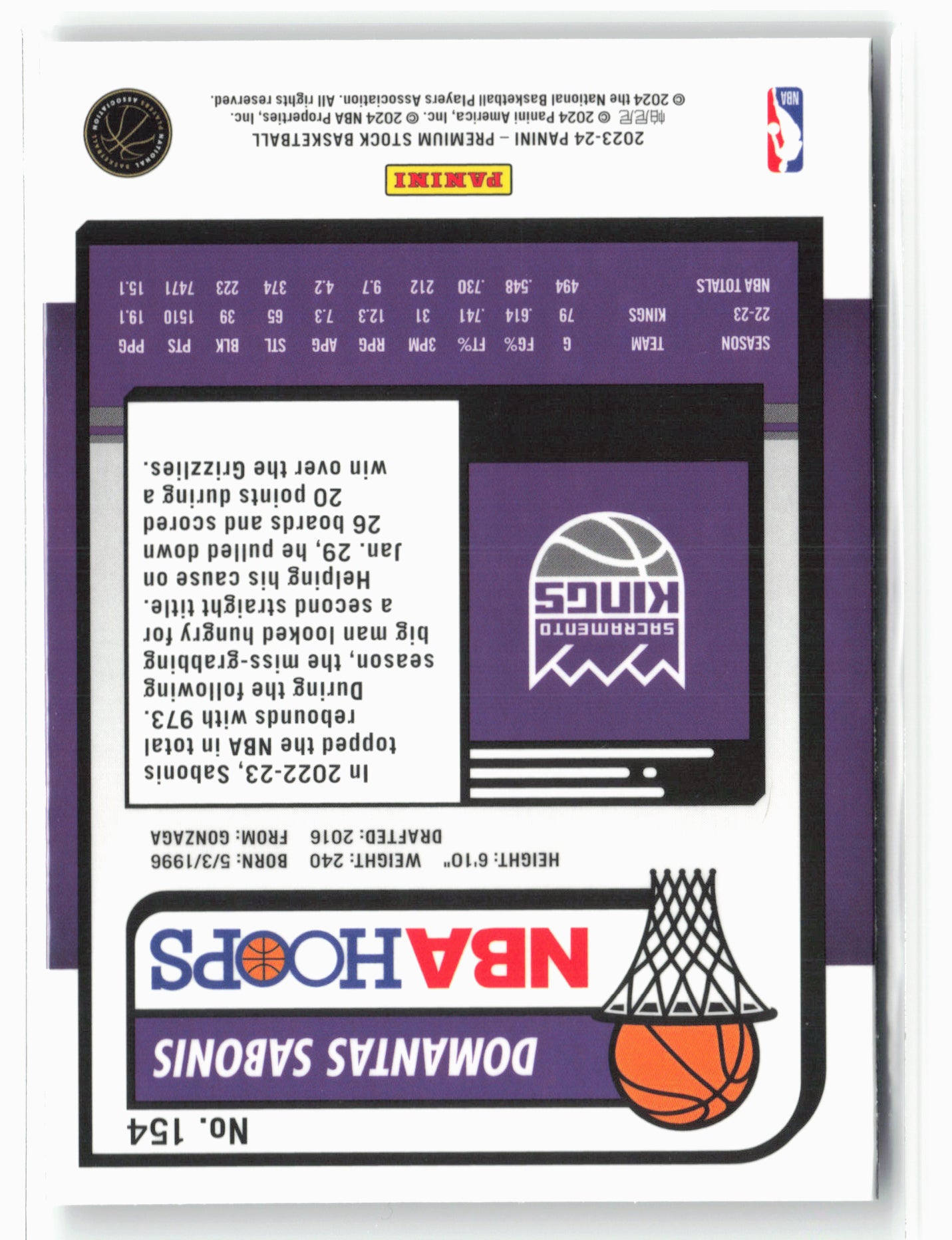 2023-24 Panini Premium Stock #154 Domantas Sabonis NM