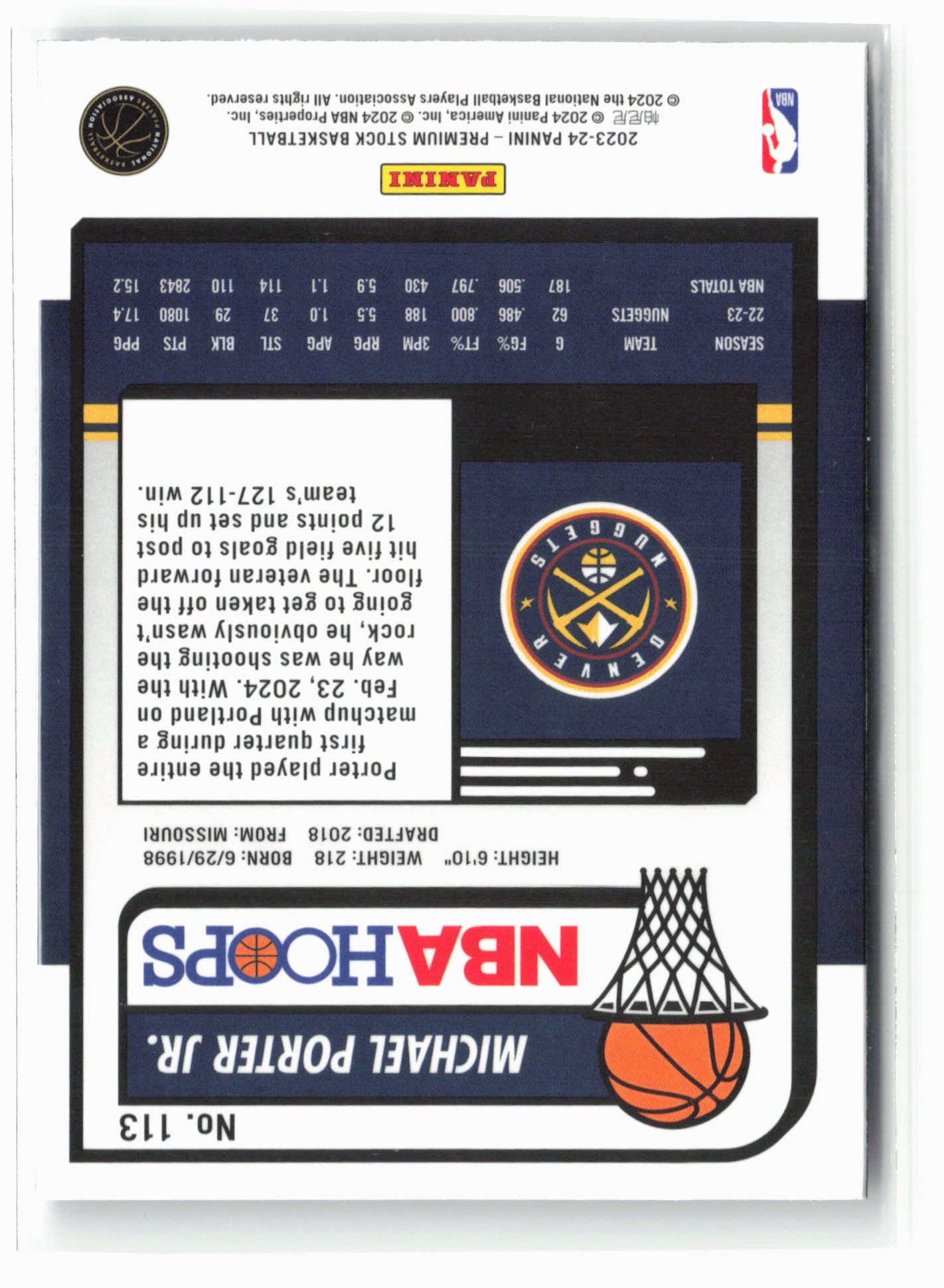 2023-24 Panini Premium Stock #113 Michael Porter Jr. NM