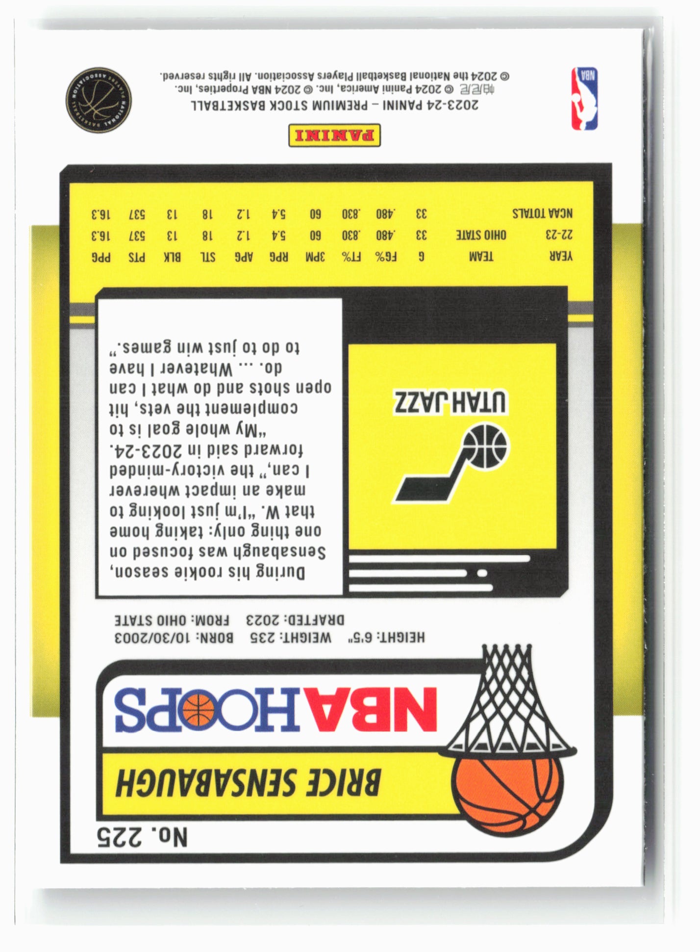 2023-24 Panini Premium Stock #225 Brice Sensabaugh NM