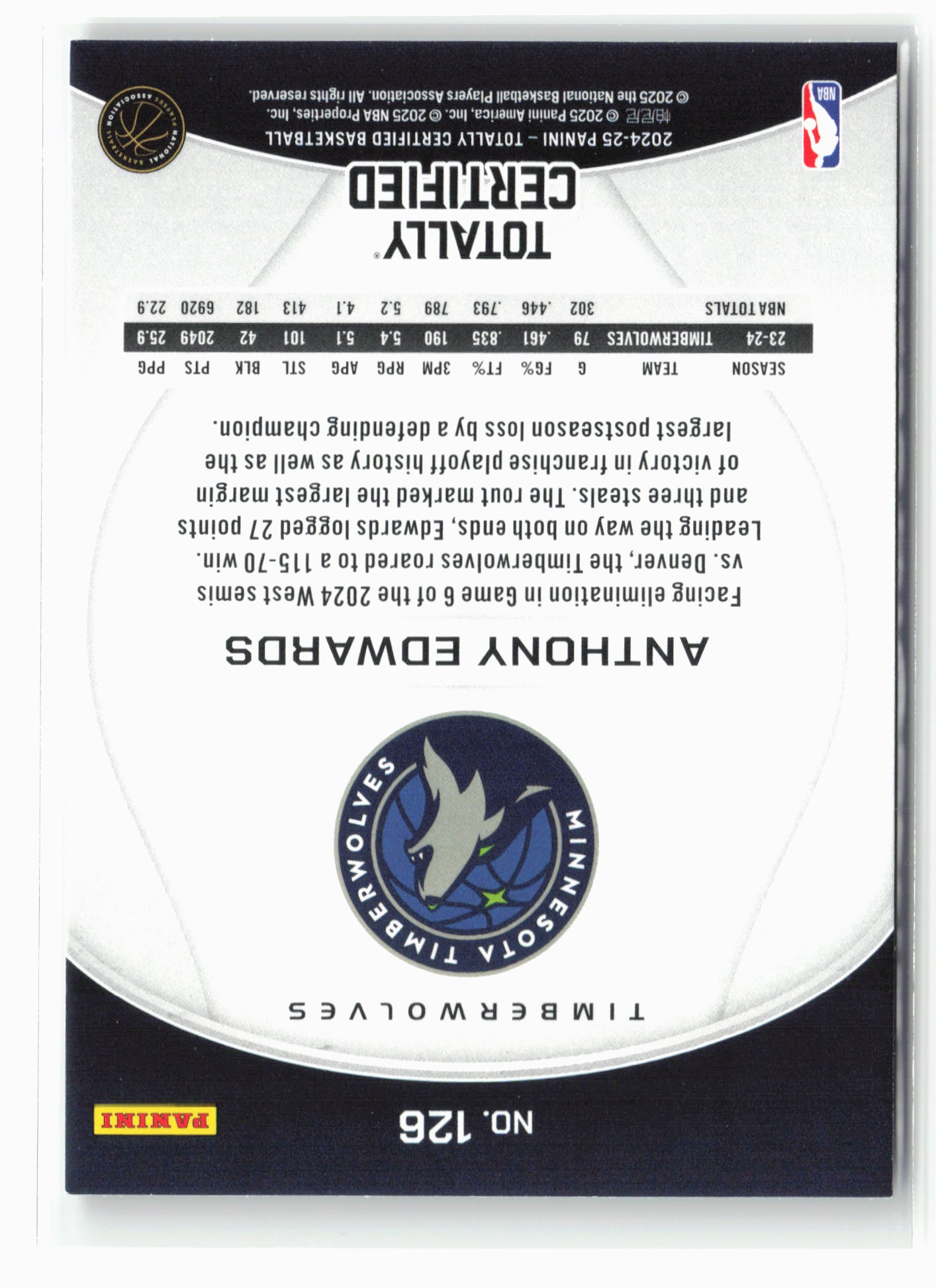 2024-25 Panini Totally Certified #126 Anthony Edwards