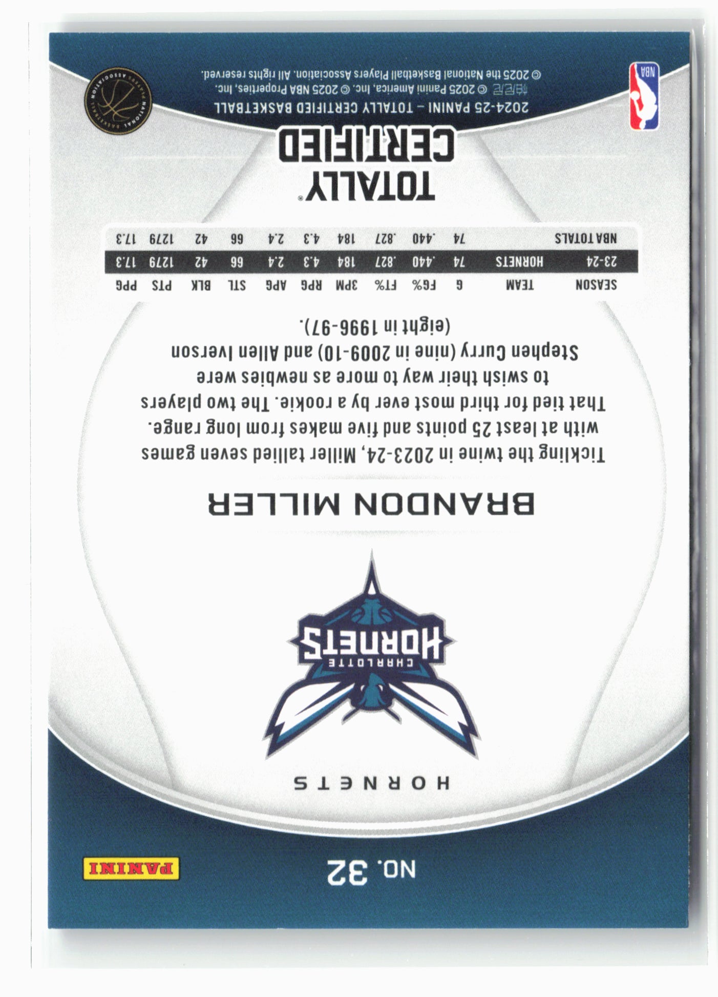 2024-25 Panini Totally Certified #32 Brandon Miller