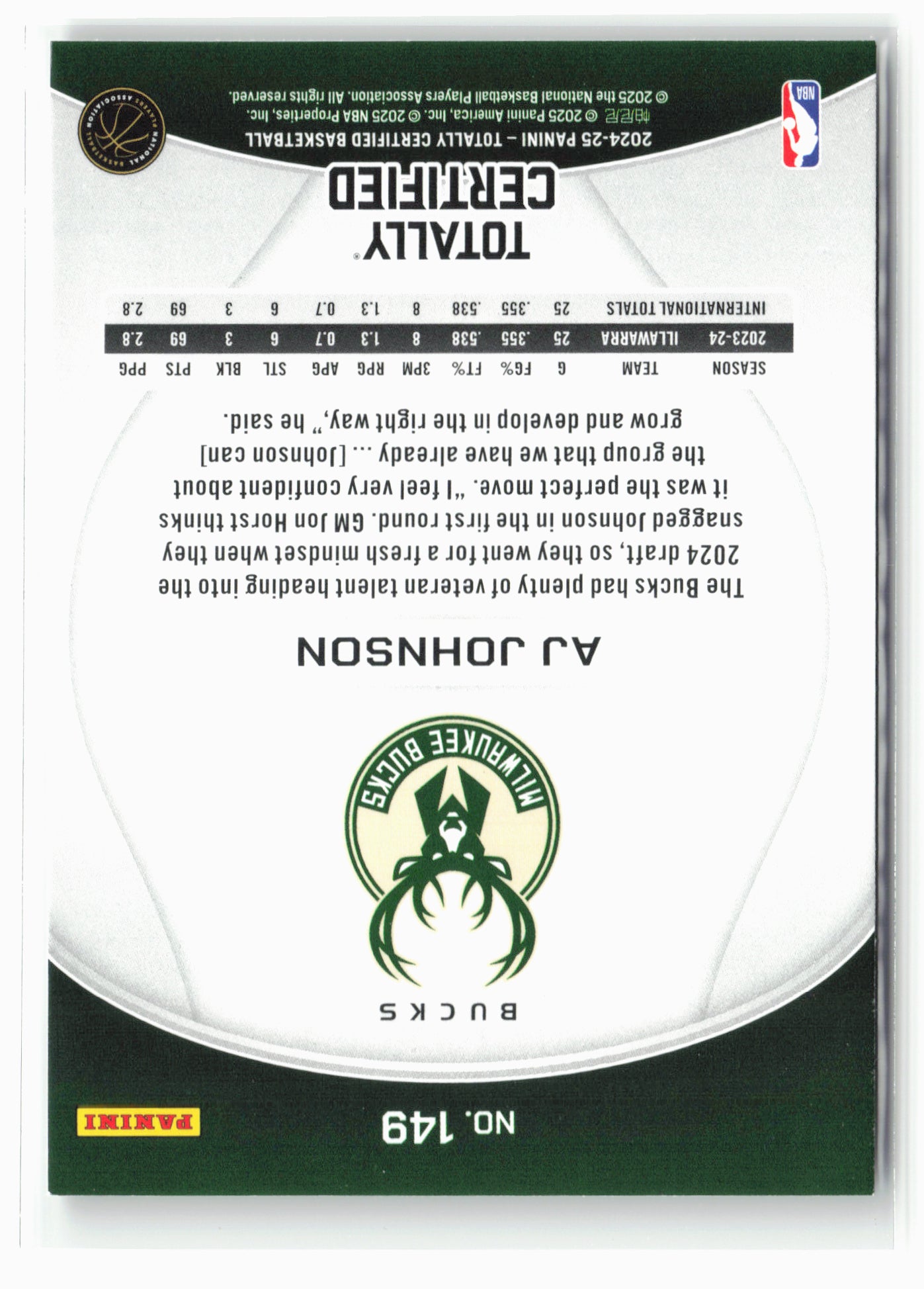 2024-25 Panini Totally Certified #149 AJ Johnson