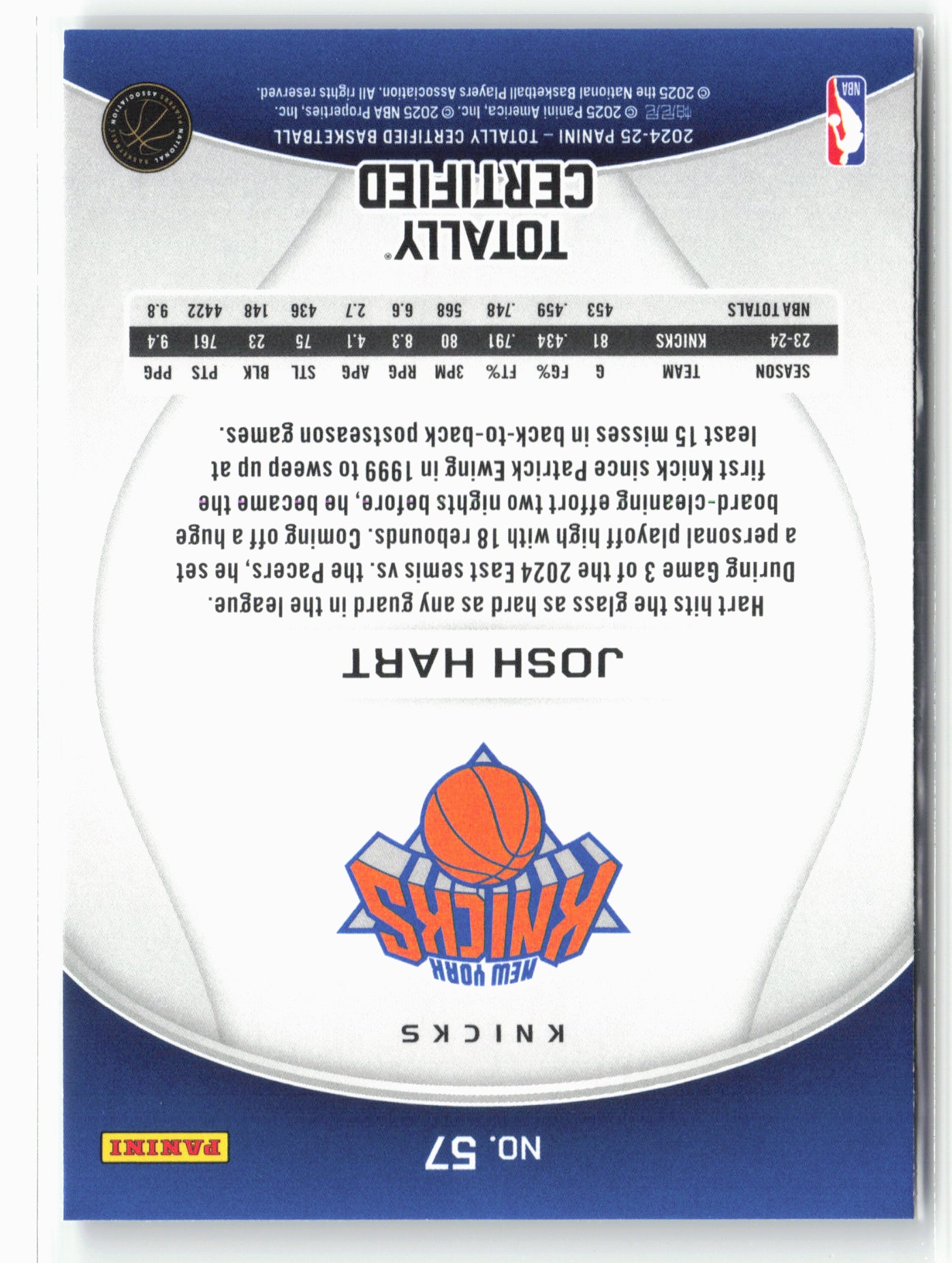 2024-25 Panini Totally Certified #57 Josh Hart