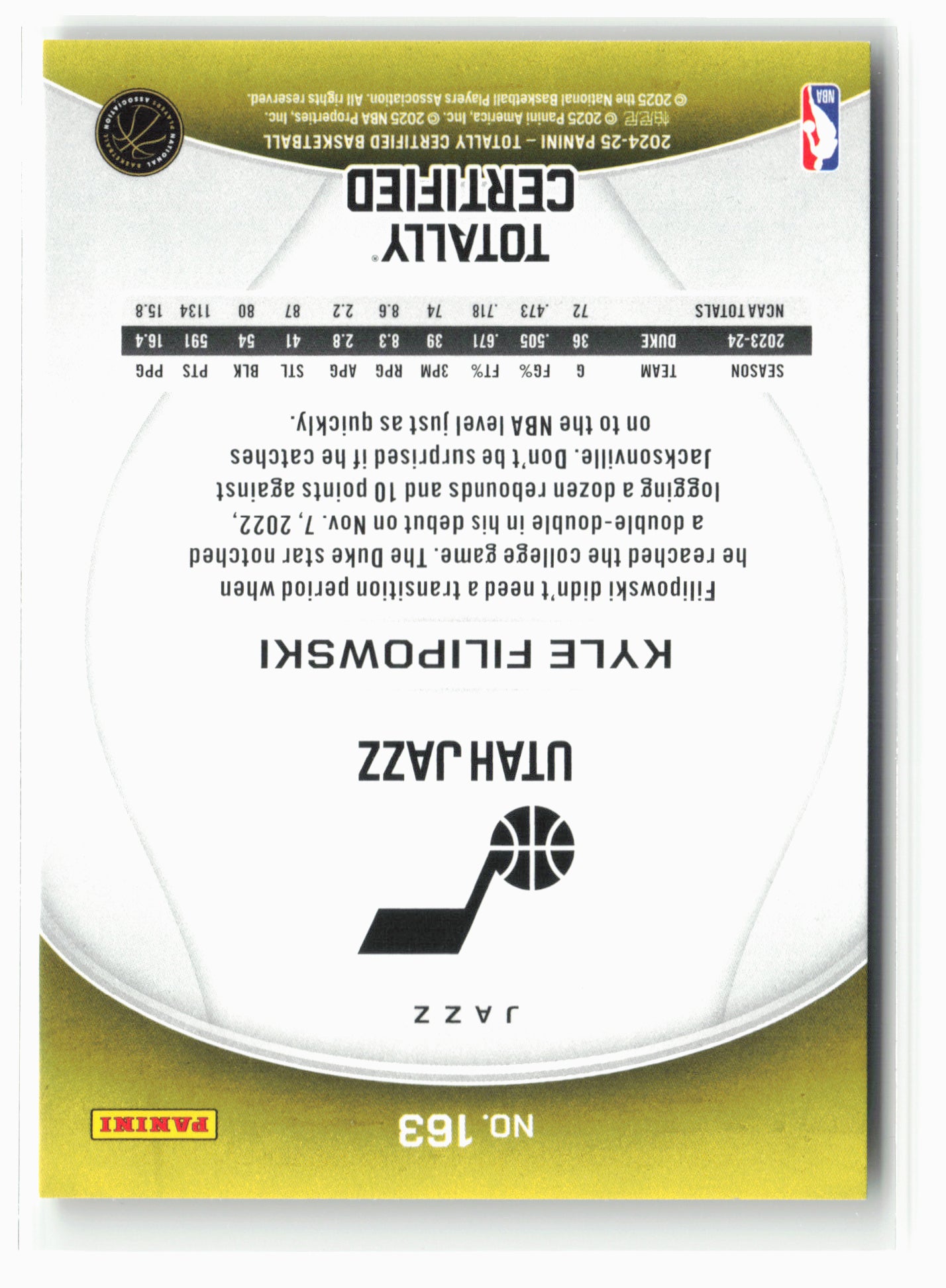 2024-25 Panini Totally Certified #163 Kyle Filipowski