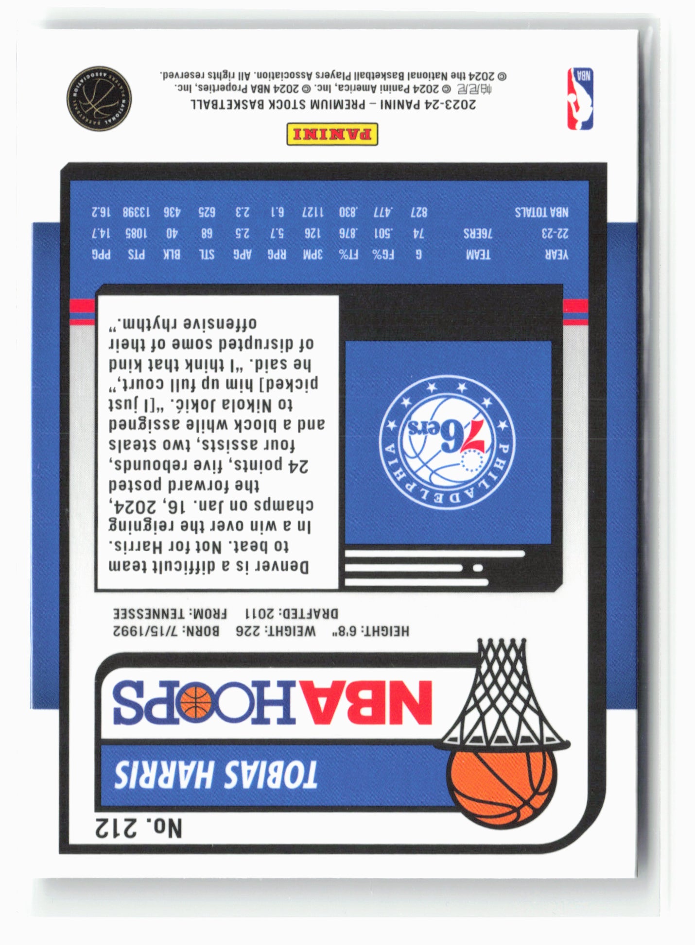 2023-24 Panini Premium Stock #212 Tobias Harris