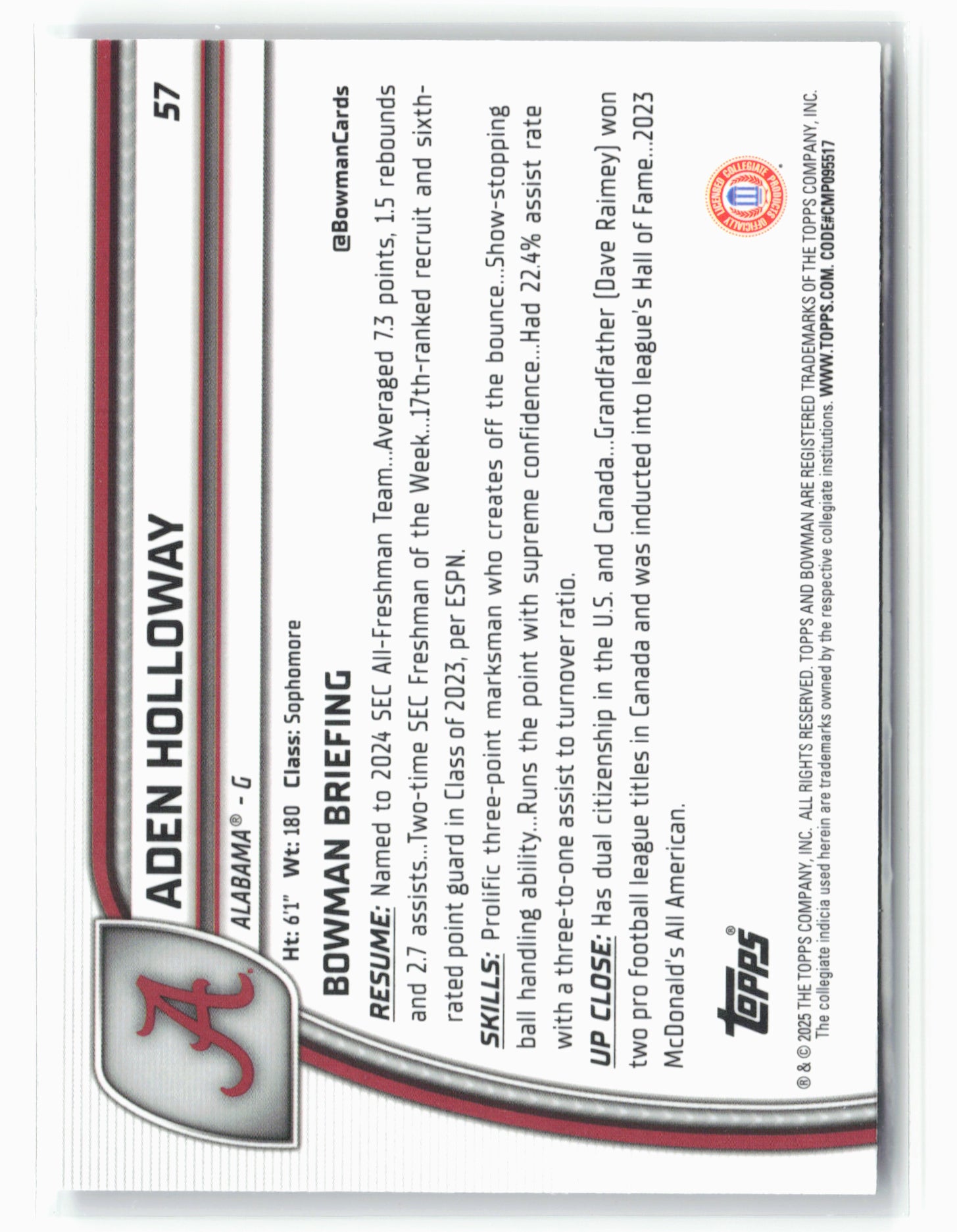 2024-25 Bowman University Chrome #57 Aden Holloway Purple Lava Refractor