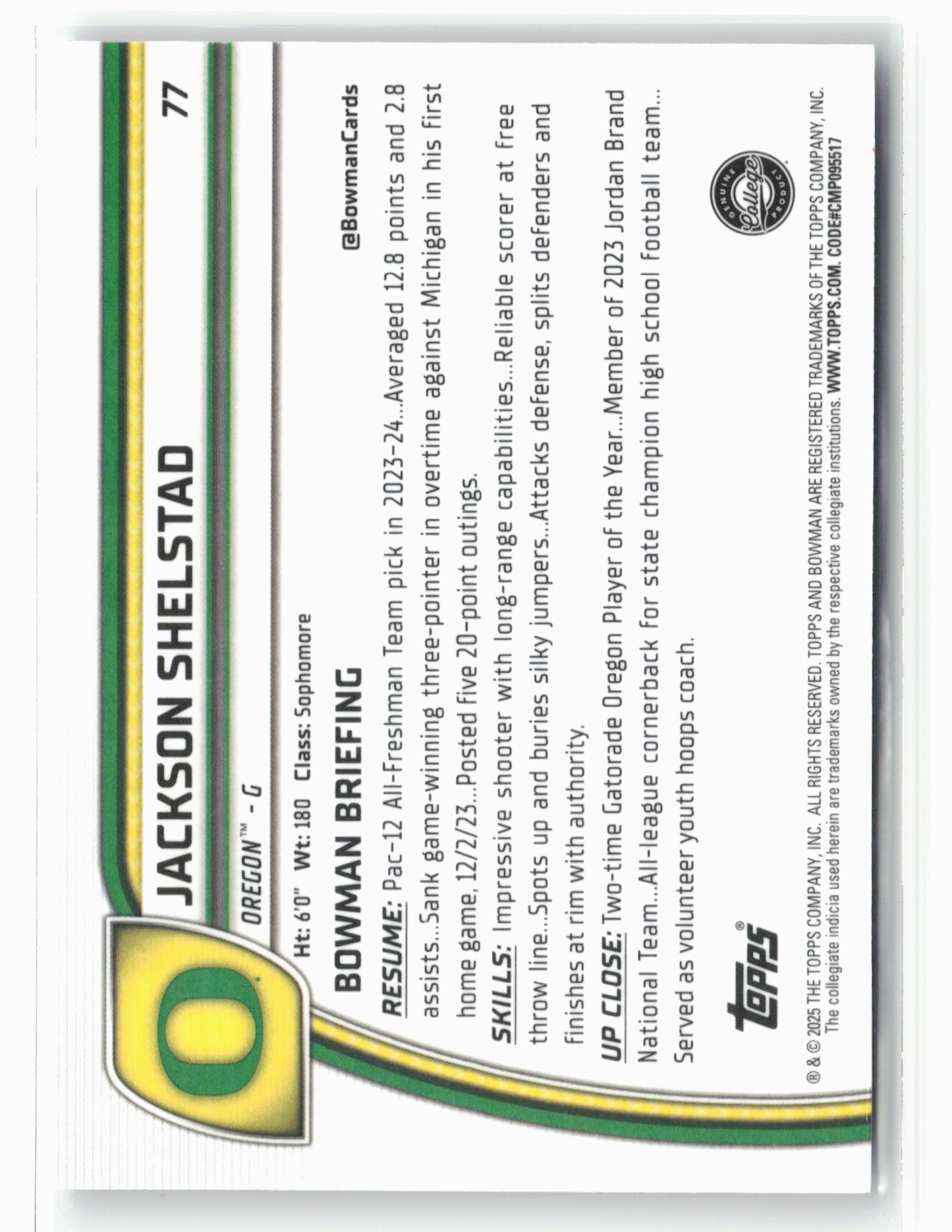 2024-25 Bowman University Chrome #77 Jackson Shelstad