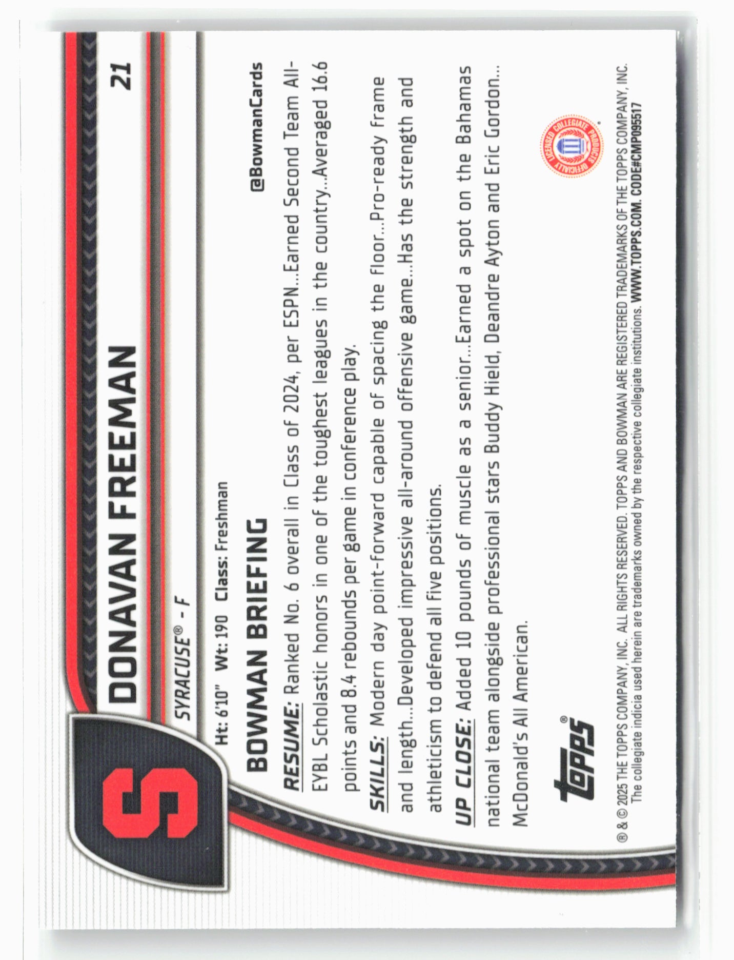 2024-25 Bowman University Chrome #21 Donavan Freeman
