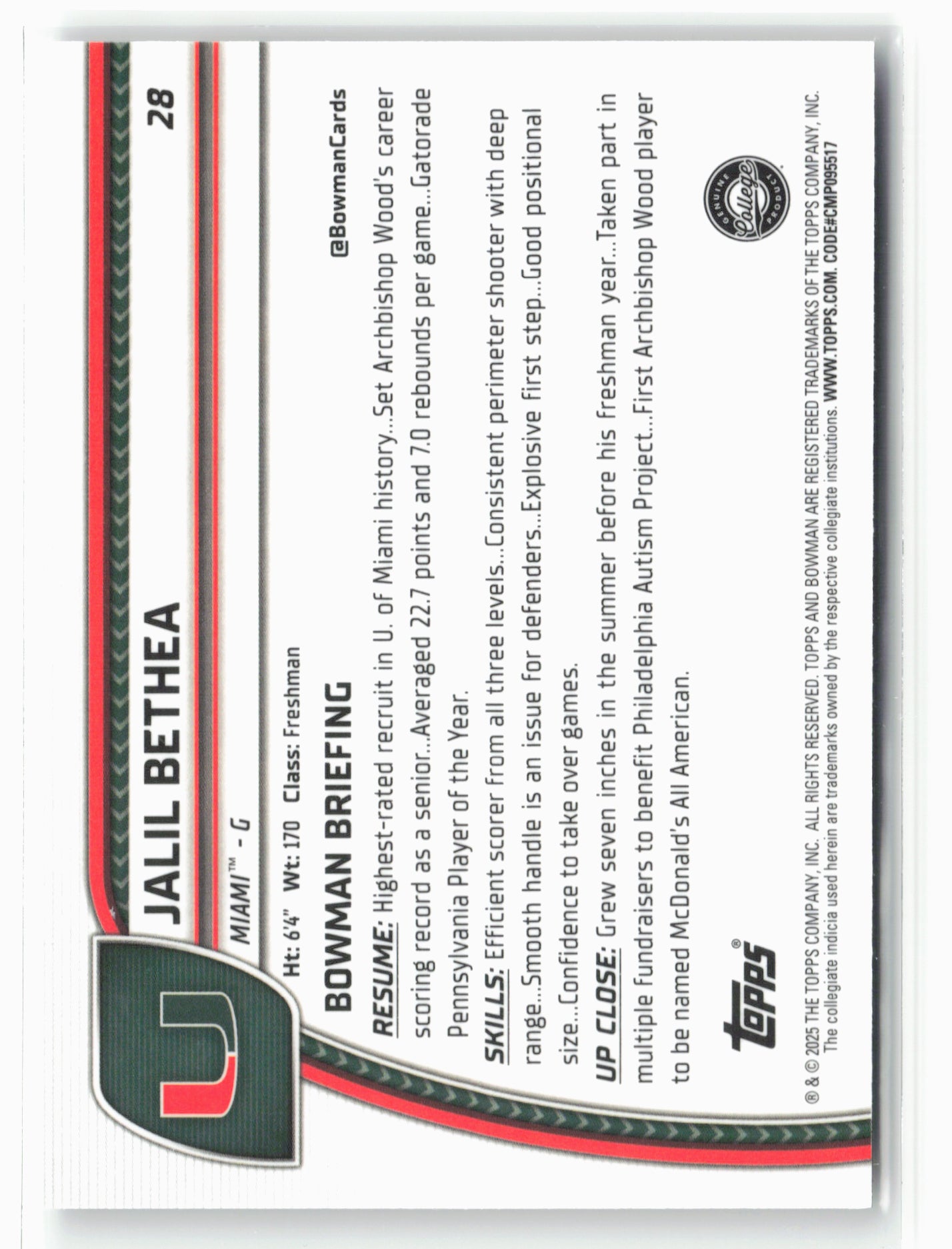 2024-25 Bowman University Chrome #28 Jalil Bethea