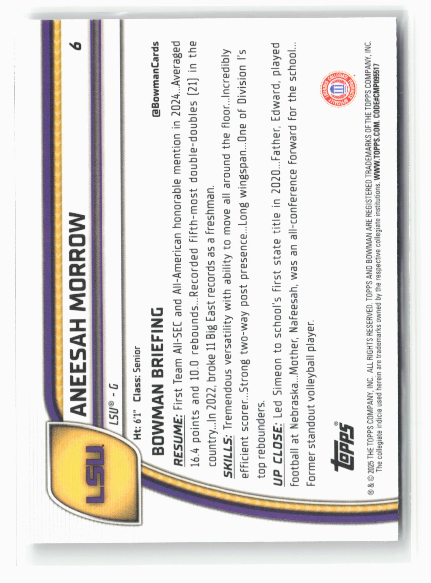 2024-25 Bowman University Chrome #6 Aneesah Morrow