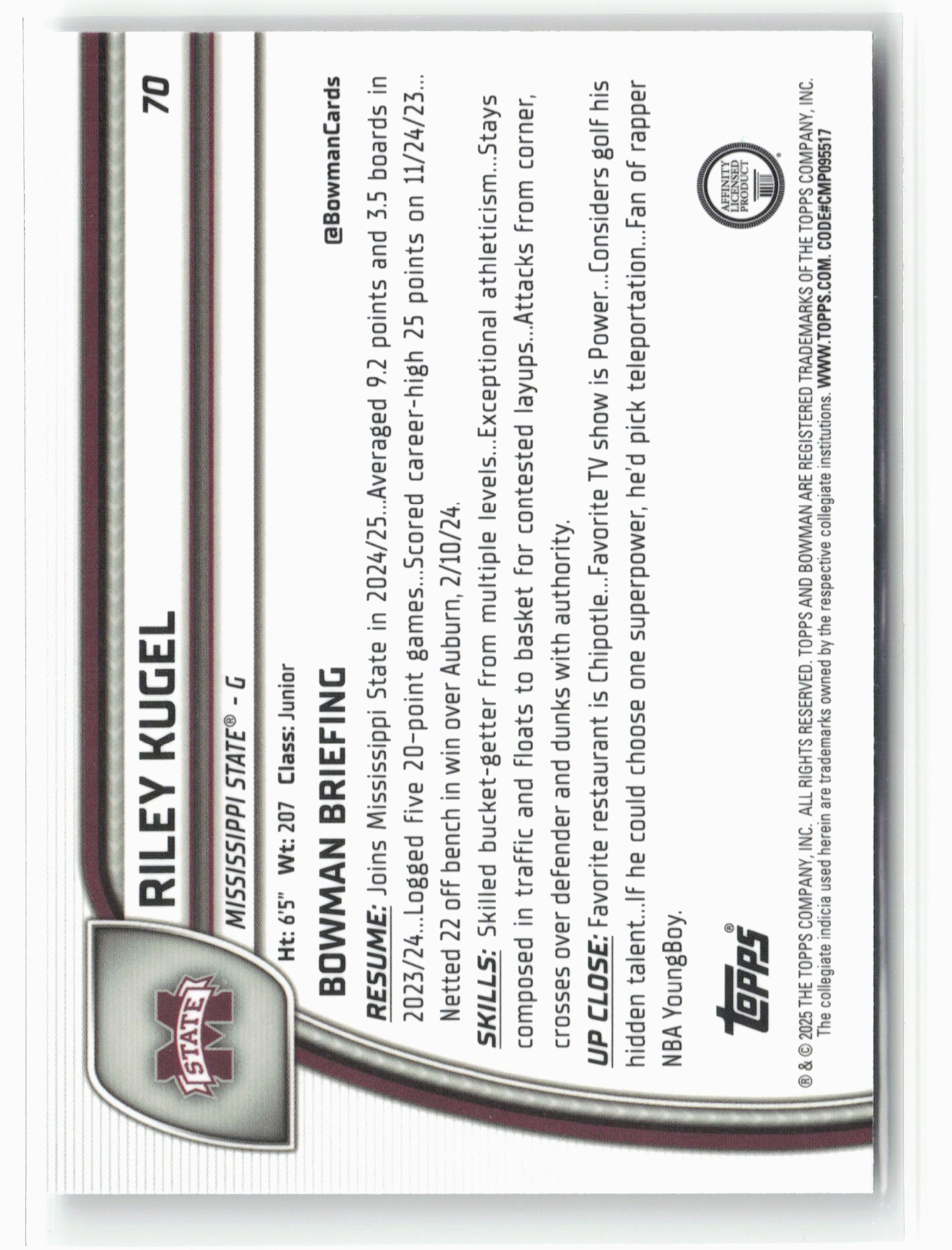 2024-25 Bowman University Chrome #70 Riley Kugel