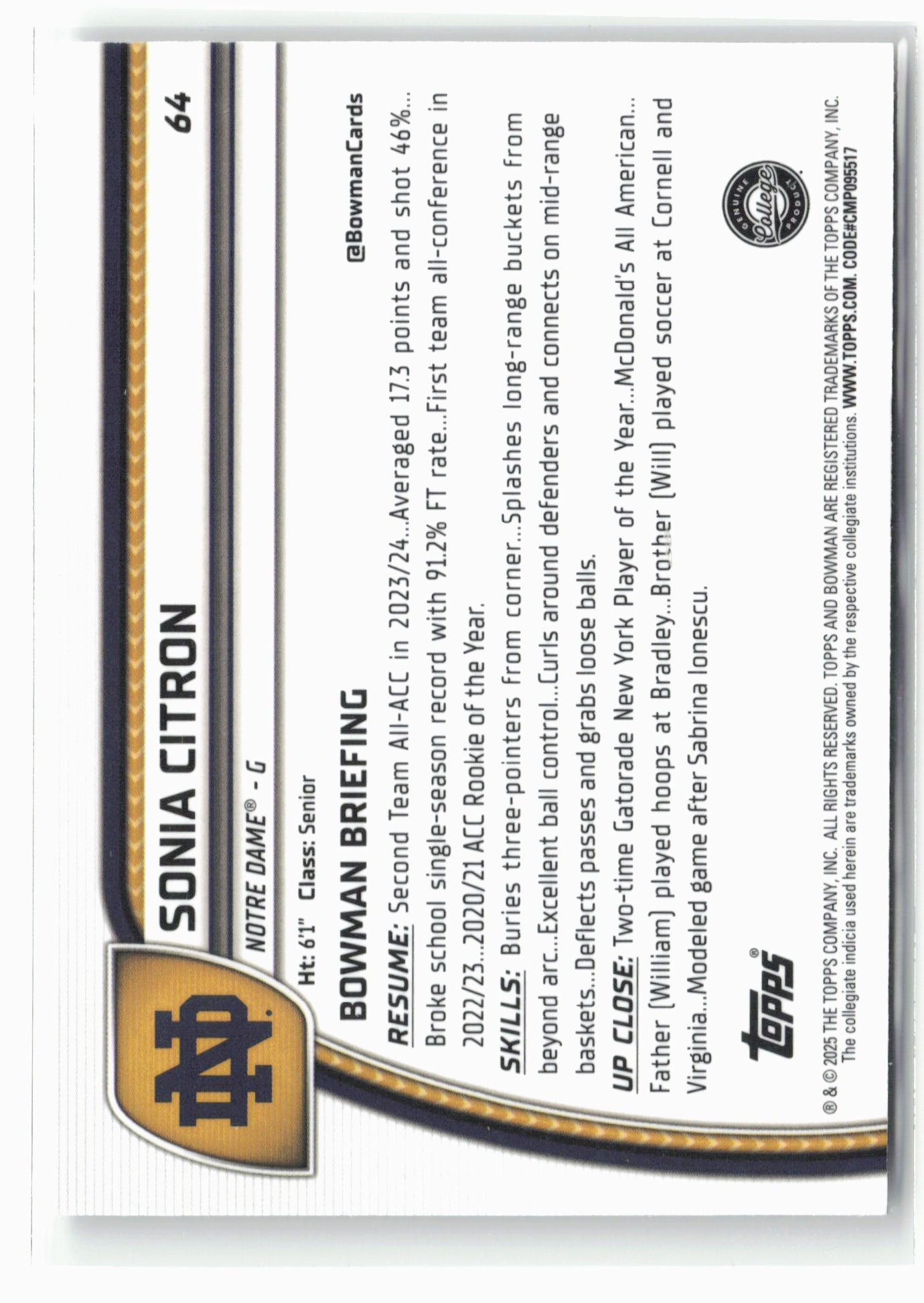 2024-25 Bowman University Chrome #64 Sonia Citron