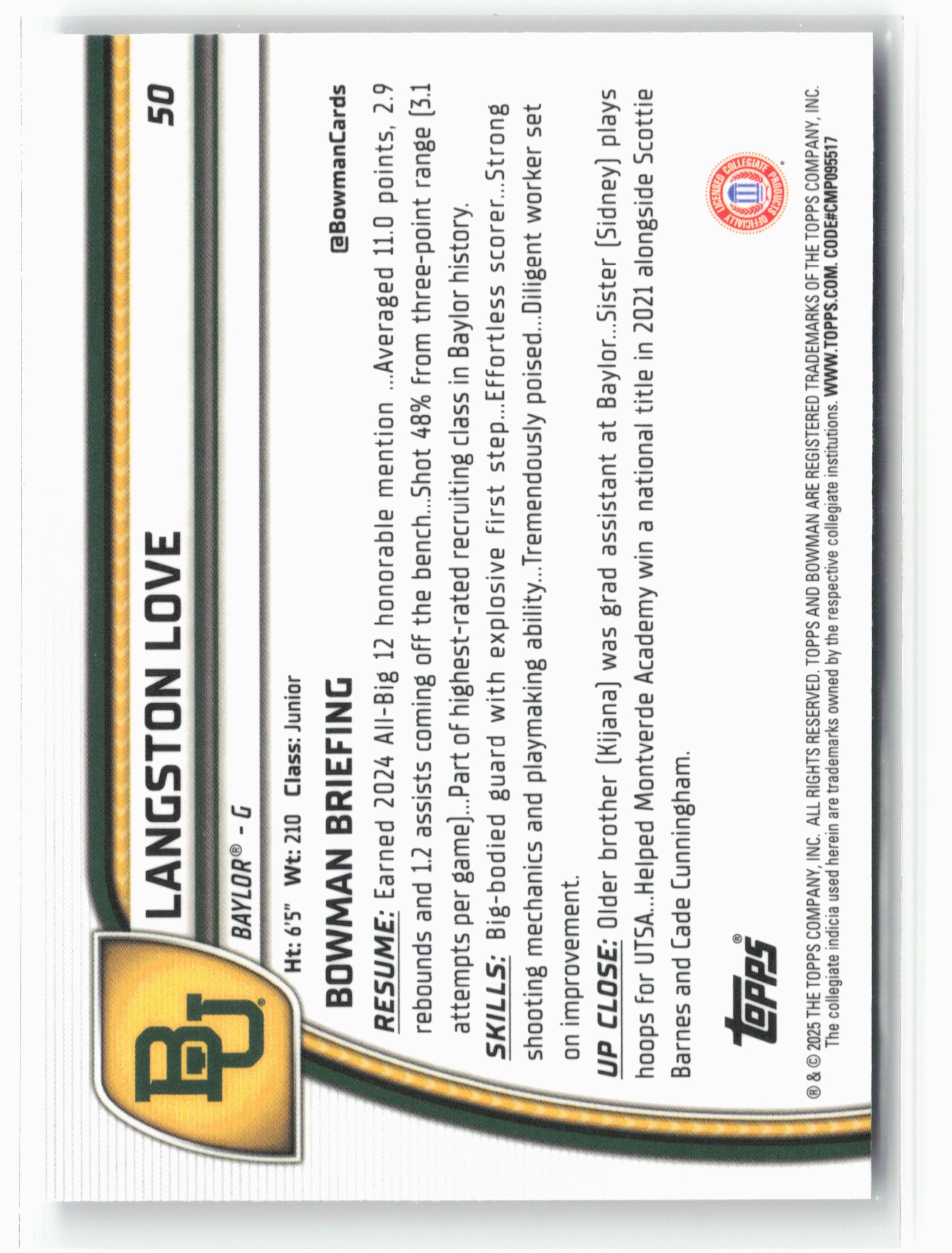 2024-25 Bowman University Chrome #50 Langston Love