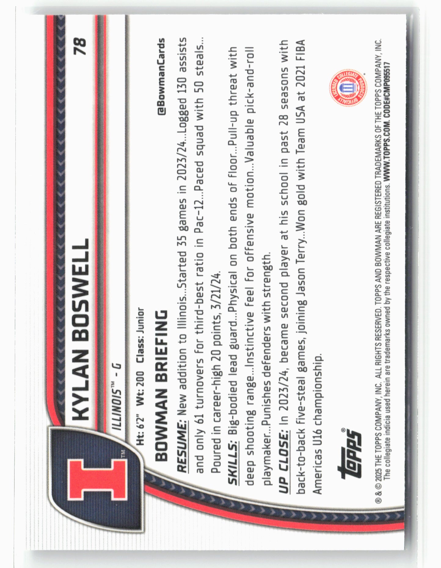 2024-25 Bowman University Chrome #78 Kylan Boswell