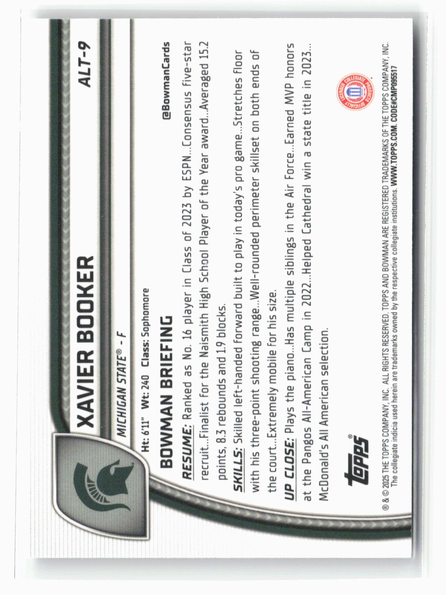 2024-25 Bowman University Chrome #ALT-9 Xavier Booker