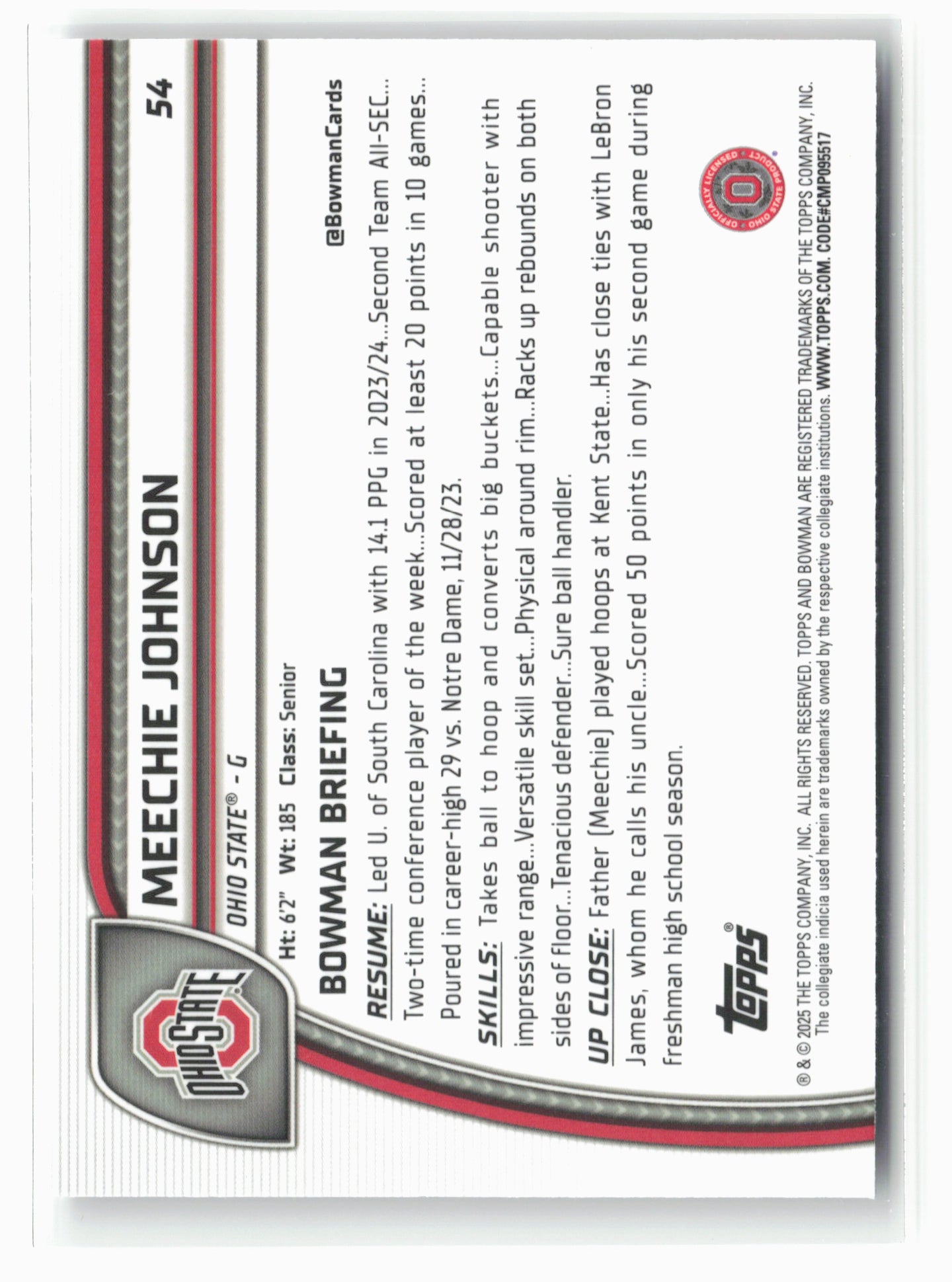 2024-25 Bowman University Chrome #54 Meechie Johnson