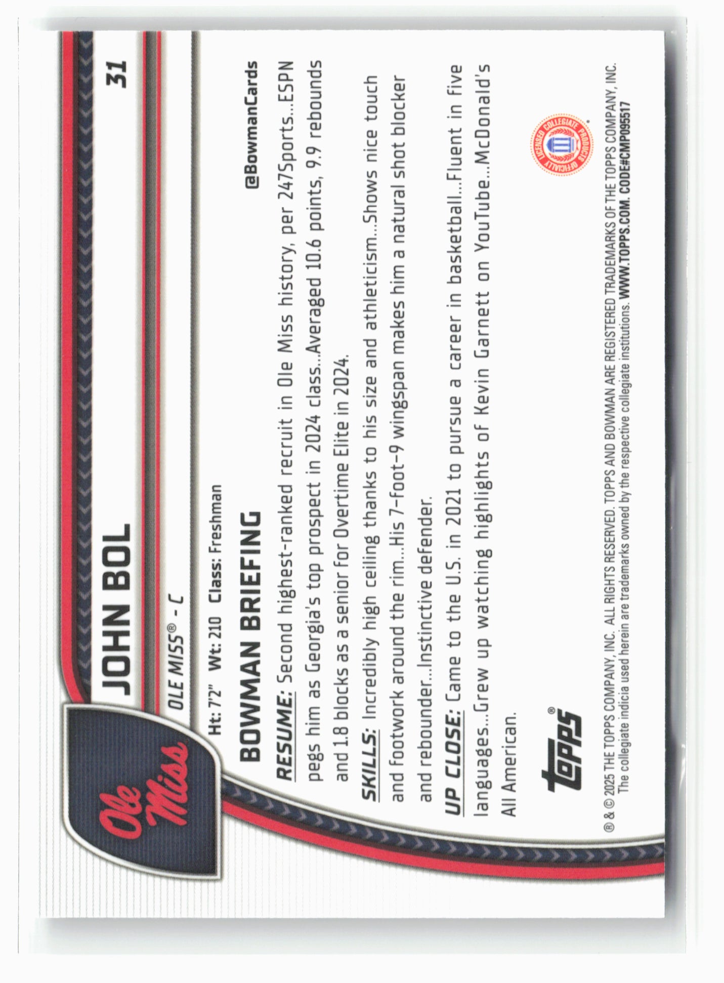 2024-25 Bowman University Chrome #31 John Bol