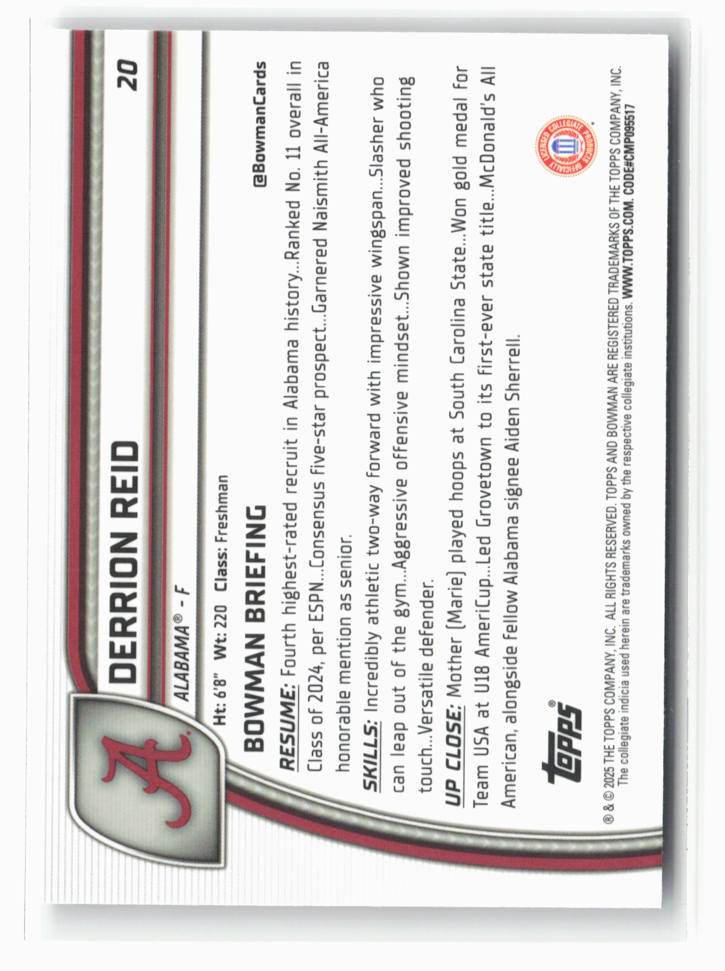 2024-25 Bowman University Chrome #20 Derrion Reid