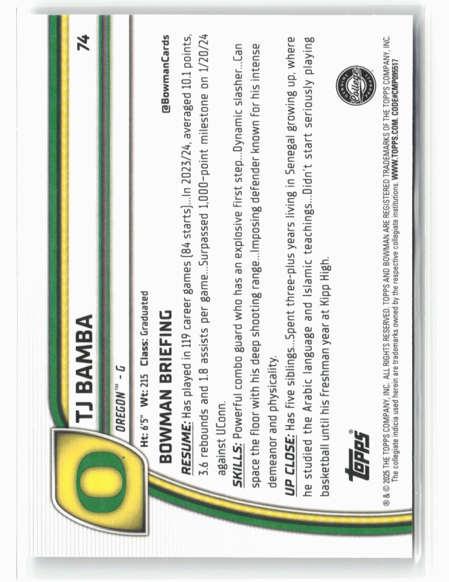 2024-25 Bowman University Chrome #74 TJ Bamba