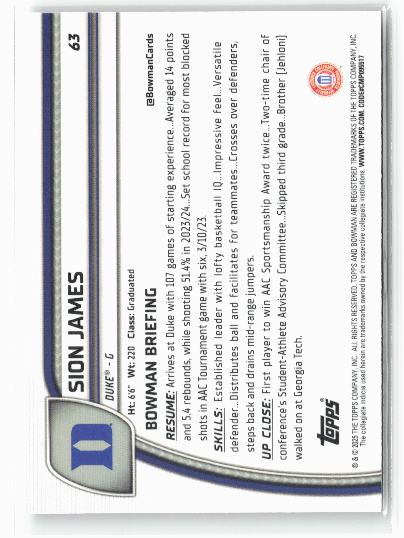 2024-25 Bowman University Chrome #63 Sion James