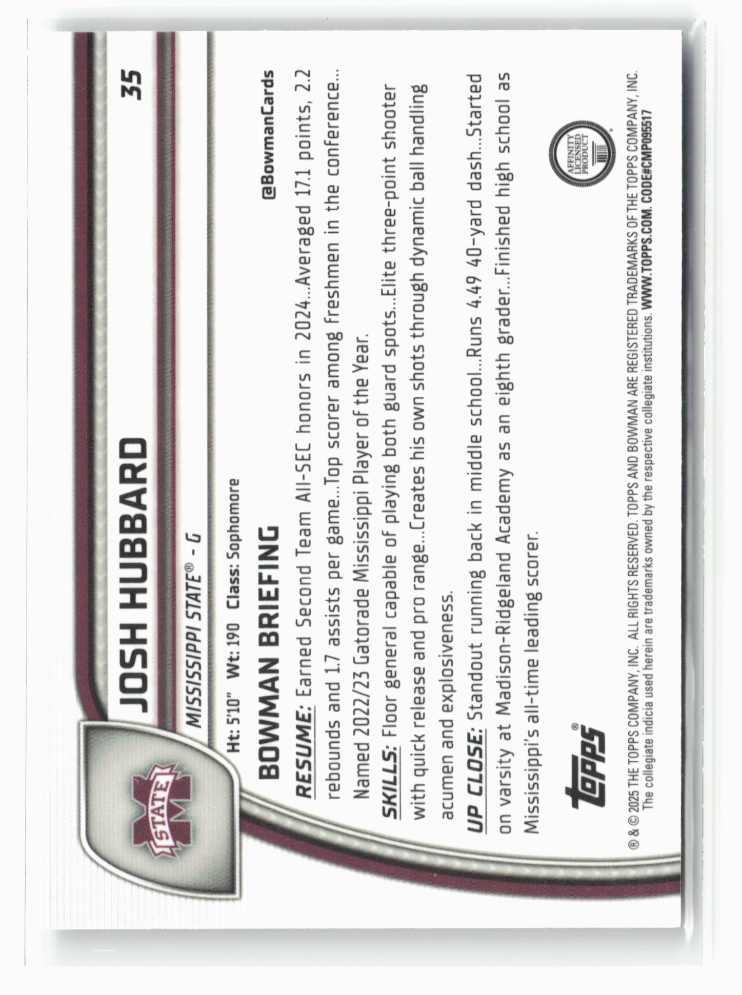 2024-25 Bowman University Chrome #35 Josh Hubbard