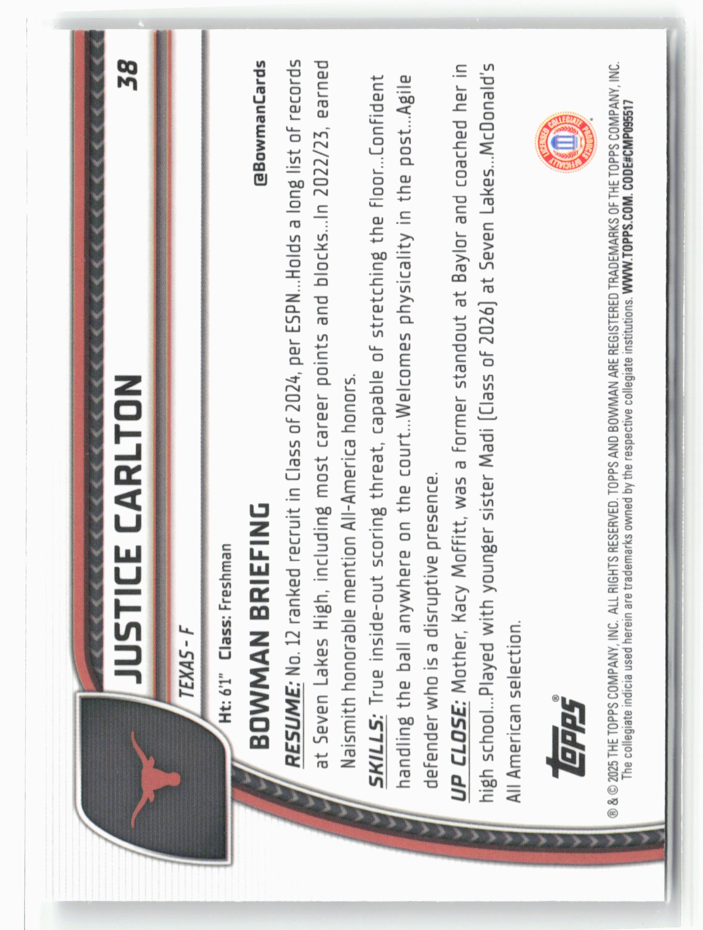 2024-25 Bowman University Chrome #38 Justice Carlton