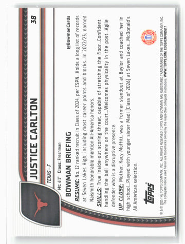 2024-25 Bowman University Chrome #38 Justice Carlton