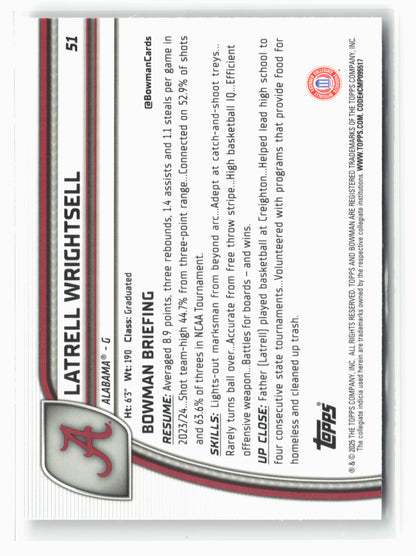 2024-25 Bowman University Chrome #51 Latrell Wrightsell Jr.