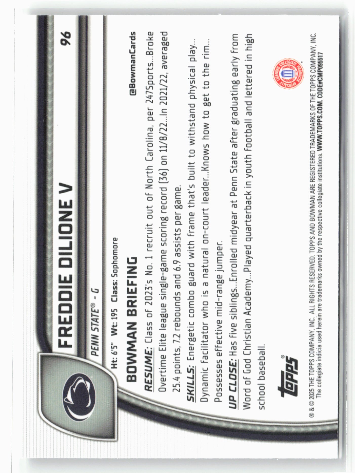 2024-25 Bowman University Chrome #96 Freddie Dilione