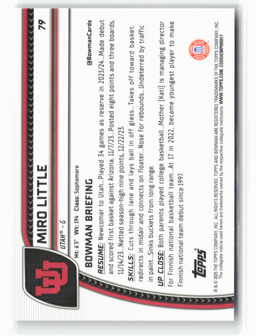 2024-25 Bowman University Chrome #79 Miro Little