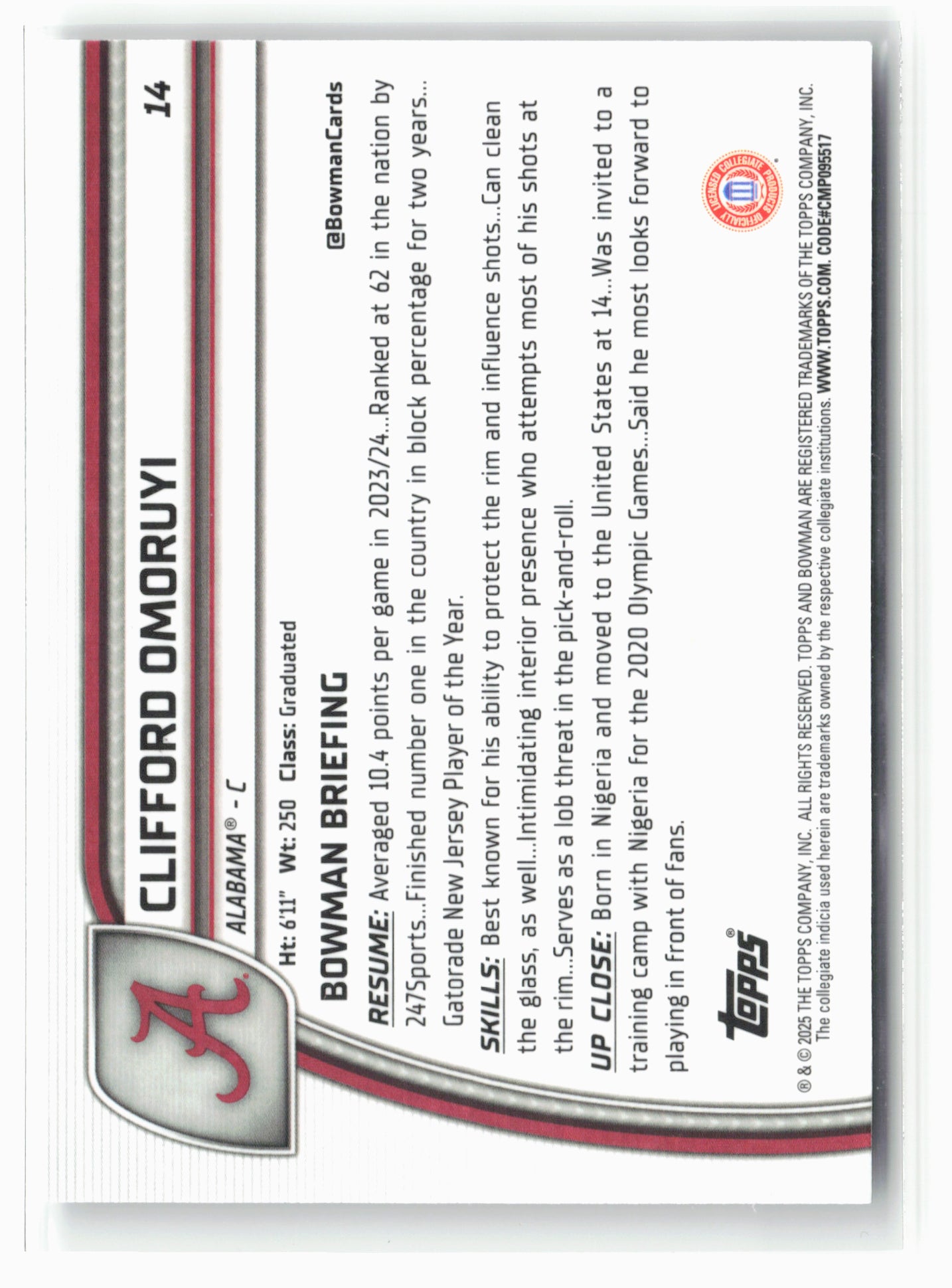 2024-25 Bowman University Chrome #14 Clifford Omoruyi