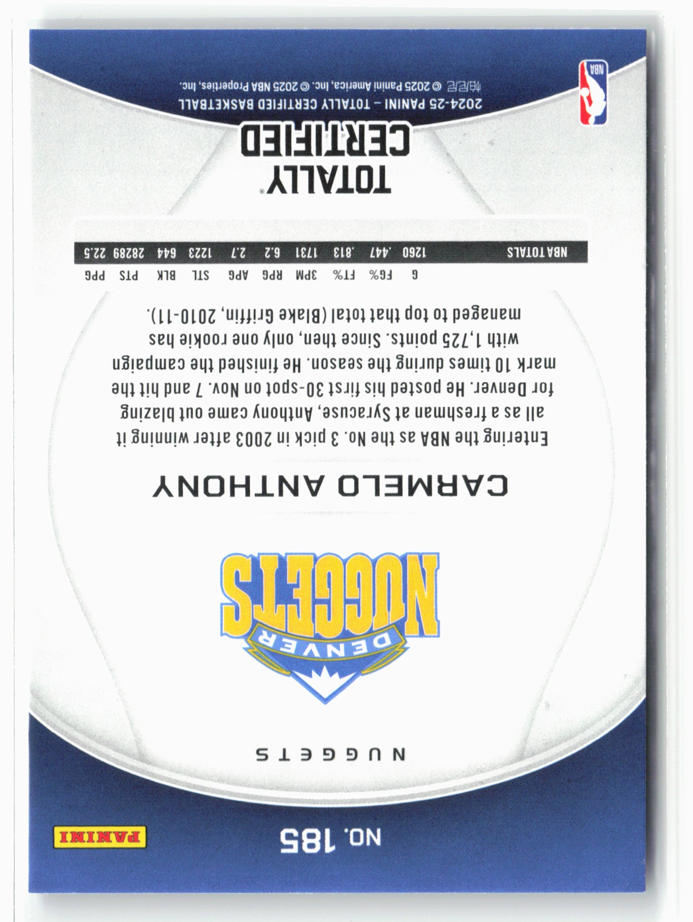 2024-25 Panini Totally Certified #185 Carmelo Anthony