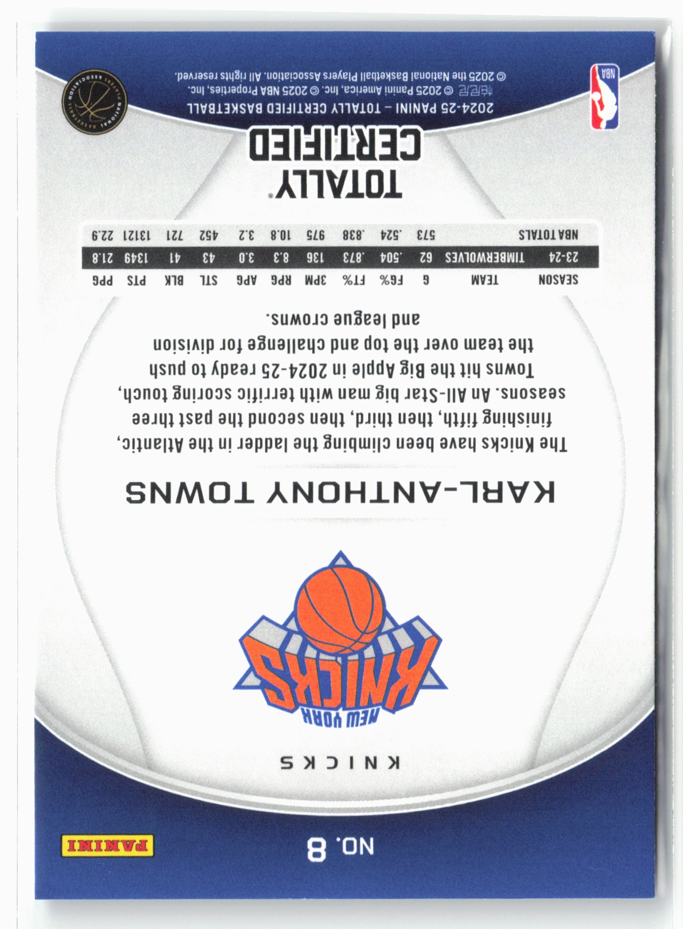2024-25 Panini Totally Certified #8 Karl-Anthony Towns NM