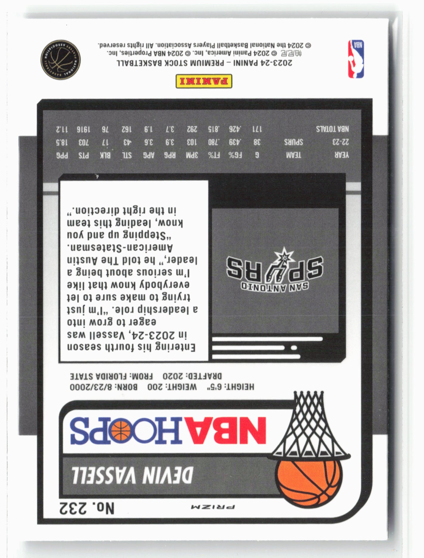 2023-24 Panini Premium Stock #232 Devin Vassell Ice Prizm