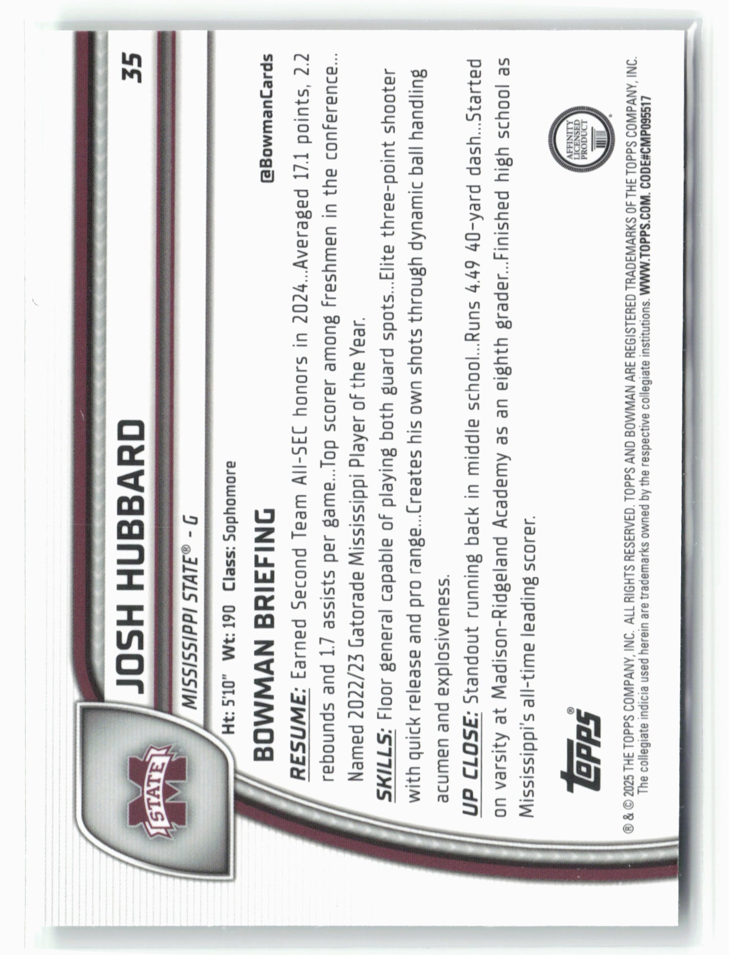 2024-25 Bowman University Chrome #35 Josh Hubbard Green Shimmer Refractor