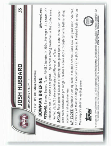 2024-25 Bowman University Chrome #35 Josh Hubbard Green Shimmer Refractor