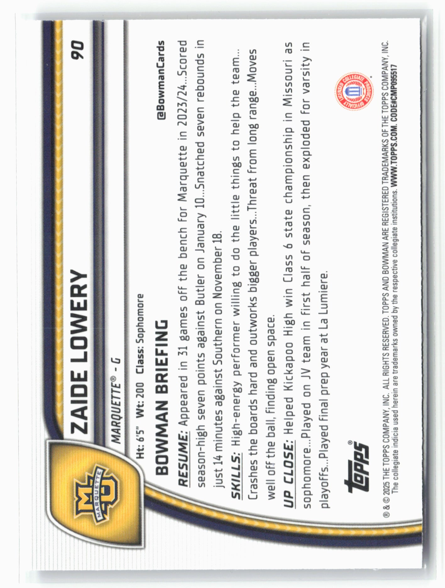 2024-25 Bowman University Chrome #90 Zaide Lowery Purple Lava Refractor