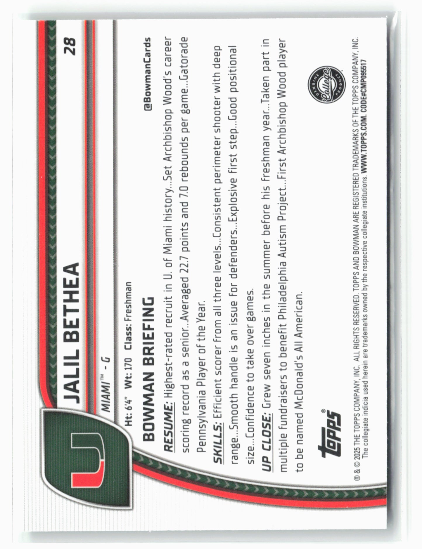 2024-25 Bowman University Chrome #28 Jalil Bethea Green Shimmer Refractor