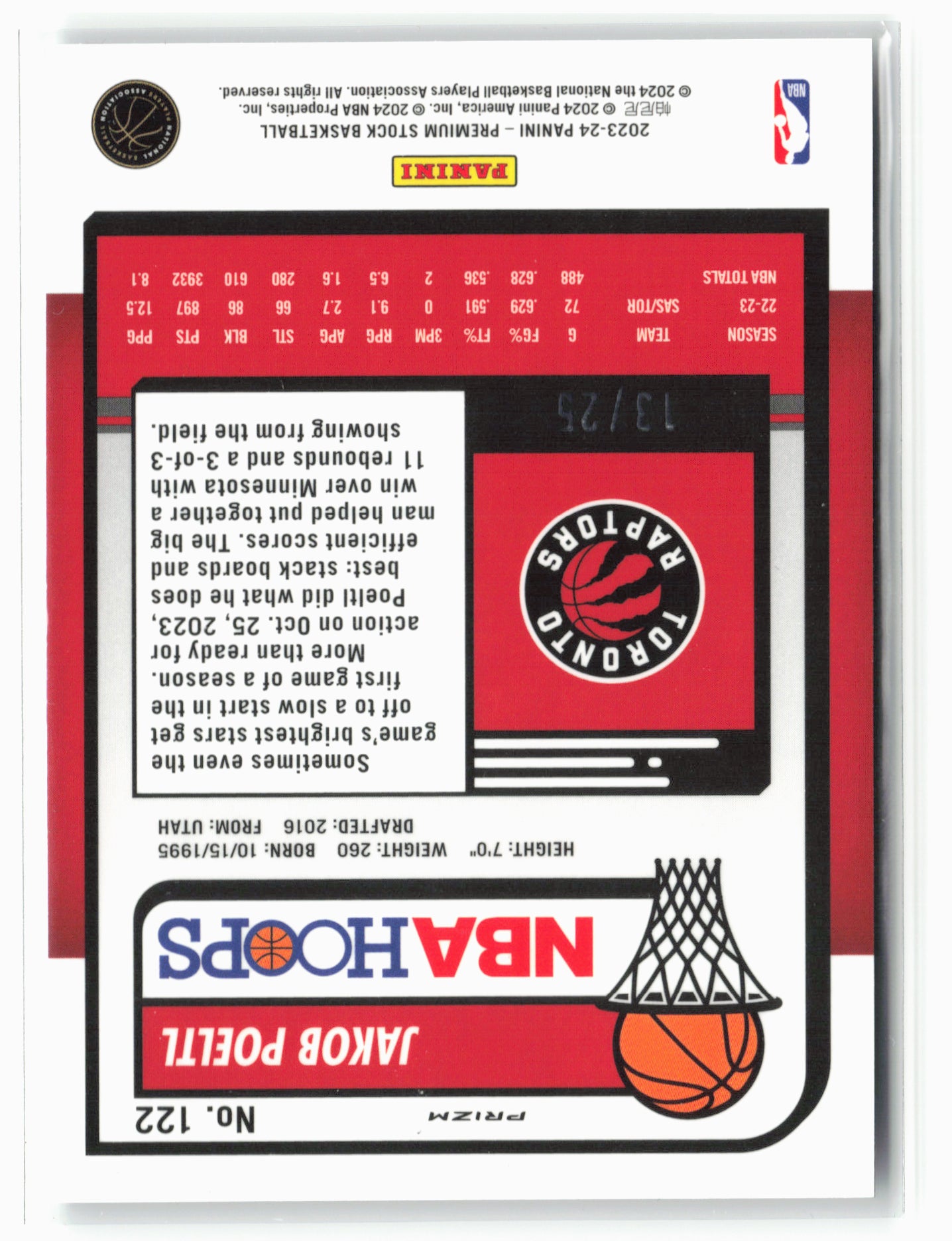 2023-24 Panini Premium Stock #122 Jakob Poeltl White Ice Prizm #/25