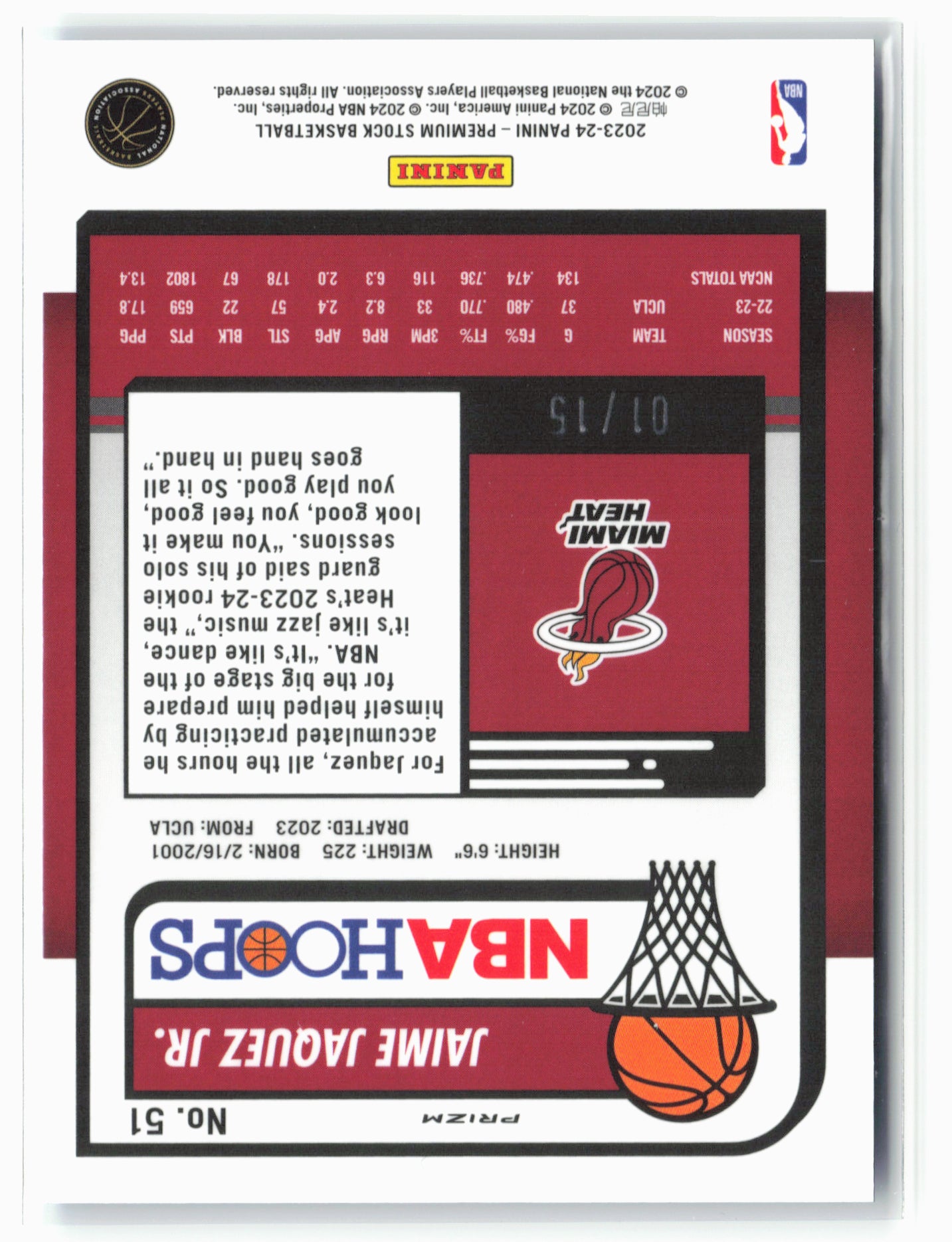 2023-24 Panini Premium Stock #51 Jaime Jaquez Jr. Neon Blue Prizm #/15