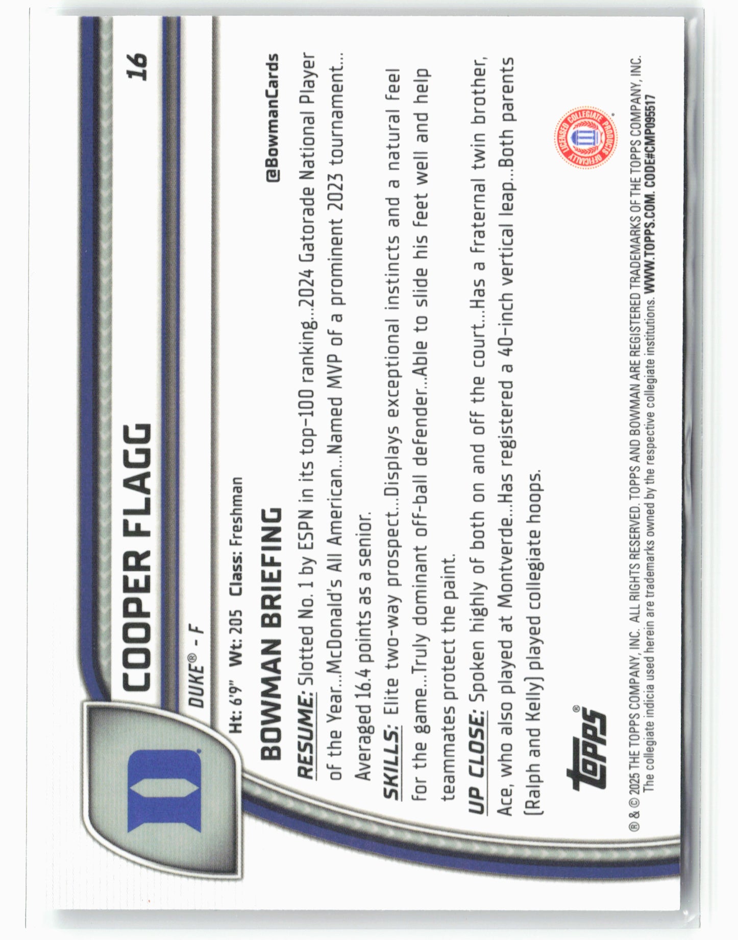 2024-25 Bowman University Chrome #16 Cooper Flagg