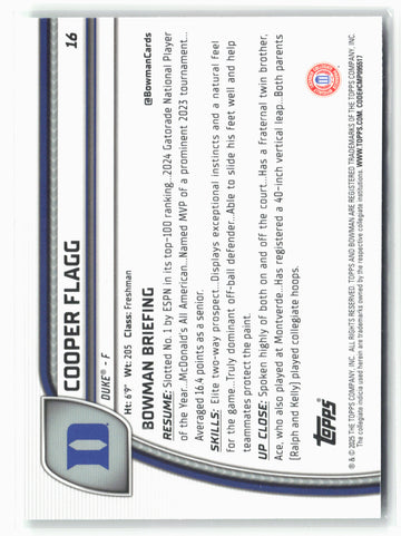 
2024-25 Bowman University Chrome #16 Cooper Flagg Green Shimmer Refractor