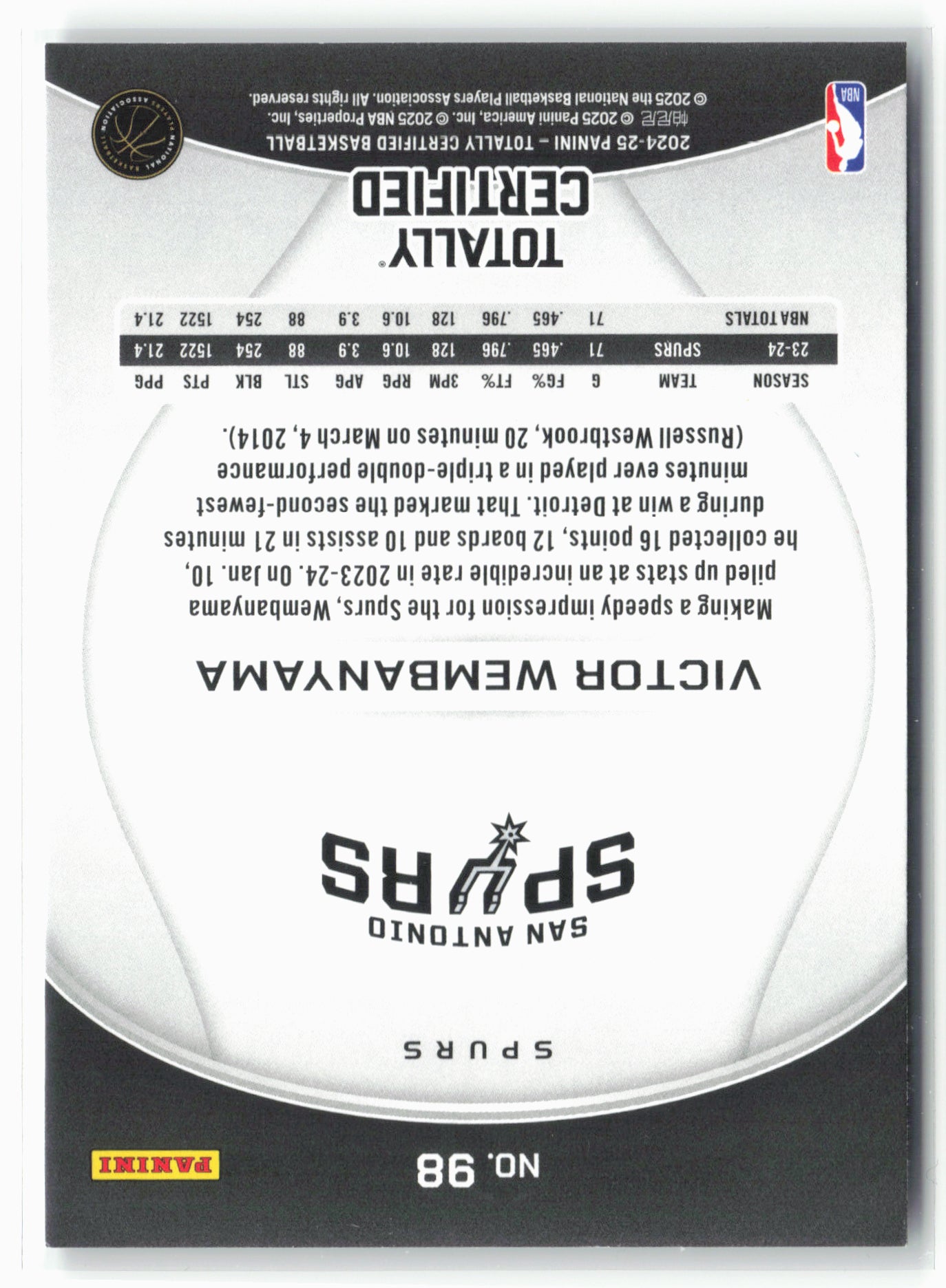 2024-25 Panini Totally Certified #98 Victor Wembanyama