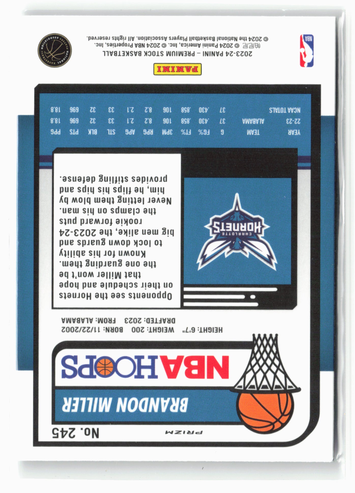 2023-24 Panini Premium Stock #245 Brandon Miller Ice Prizm