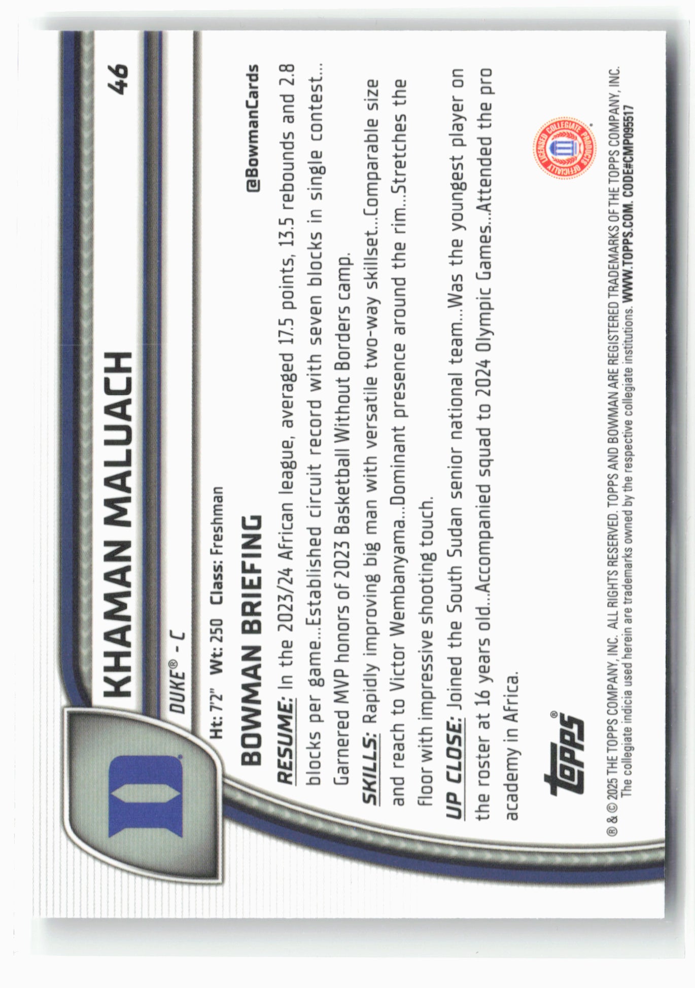 2024-25 Bowman University Chrome #46 Khaman Maluach