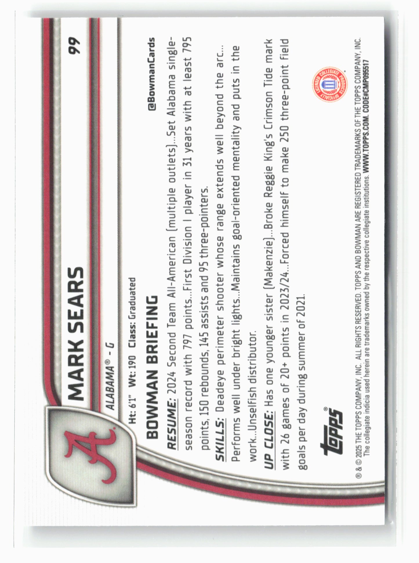 2024-25 Bowman University Chrome #99 Mark Sears