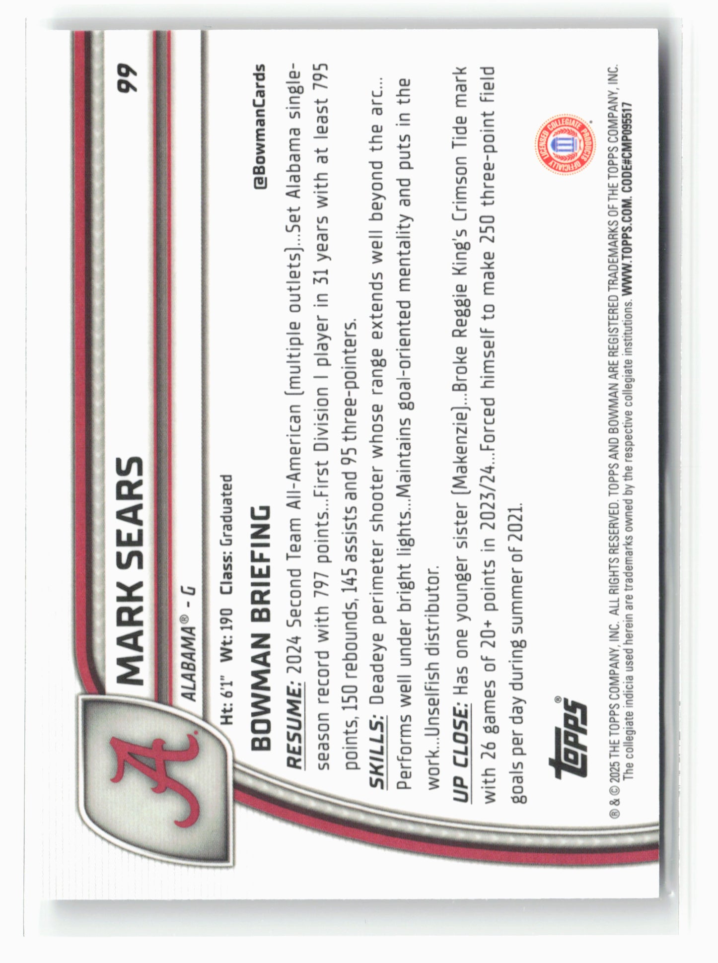 2024-25 Bowman University Chrome #99 Mark Sears